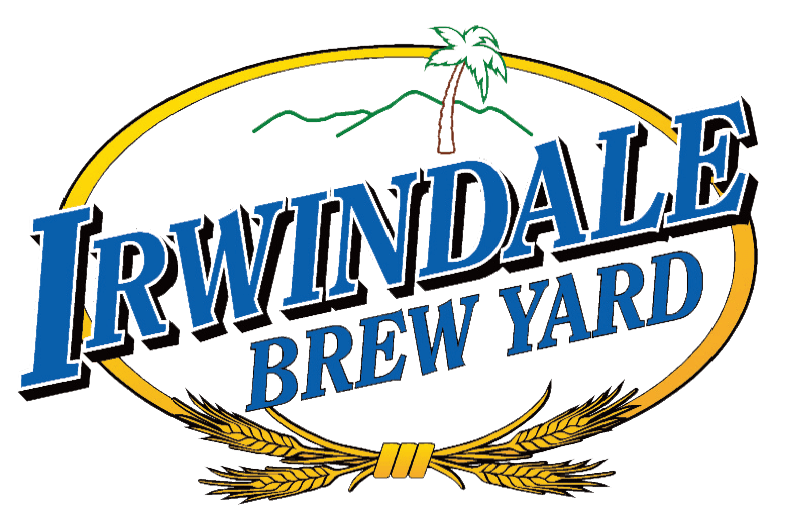 A logo for irwindale brew yard with wheat and a palm tree