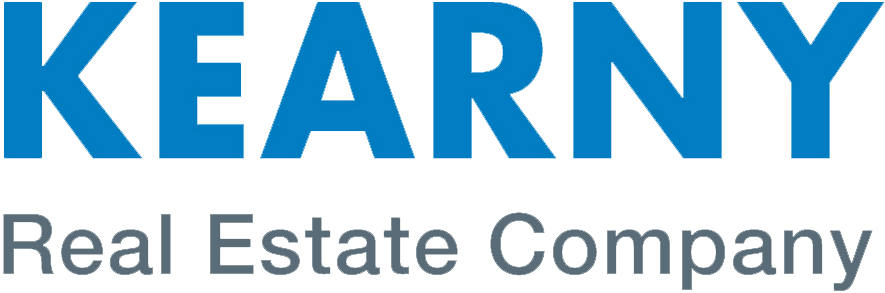 A blue and white logo for a real estate company