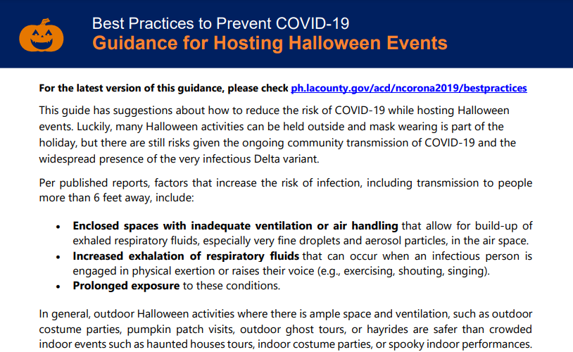 A page with a pumpkin on it that says best practices to prevent covid-19 guidance for hosting halloween events