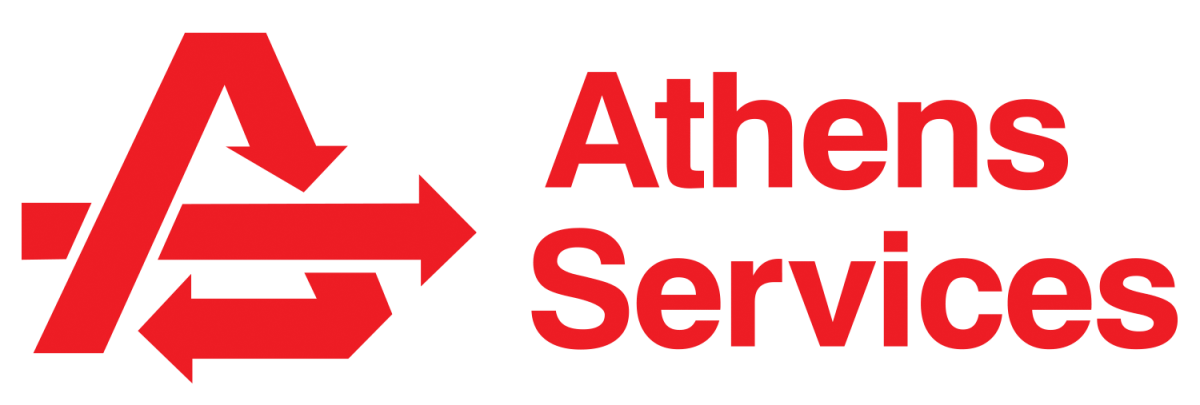 The logo for athens services is red and white with two arrows pointing in opposite directions.
