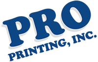 The logo for pro printing , inc. is blue and white.