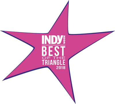 Pink star-shaped award graphic with text 