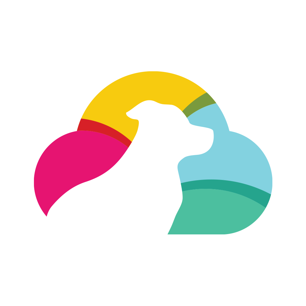 White dog silhouette inside a colorful cloud.