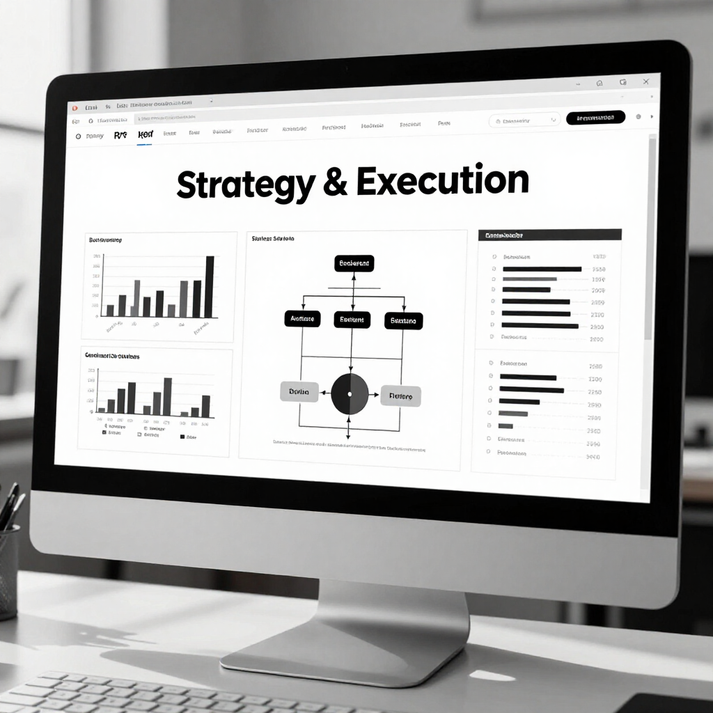 Desktop monitor showing a “Strategy & Execution” dashboard with charts, workflow diagram, and metrics.