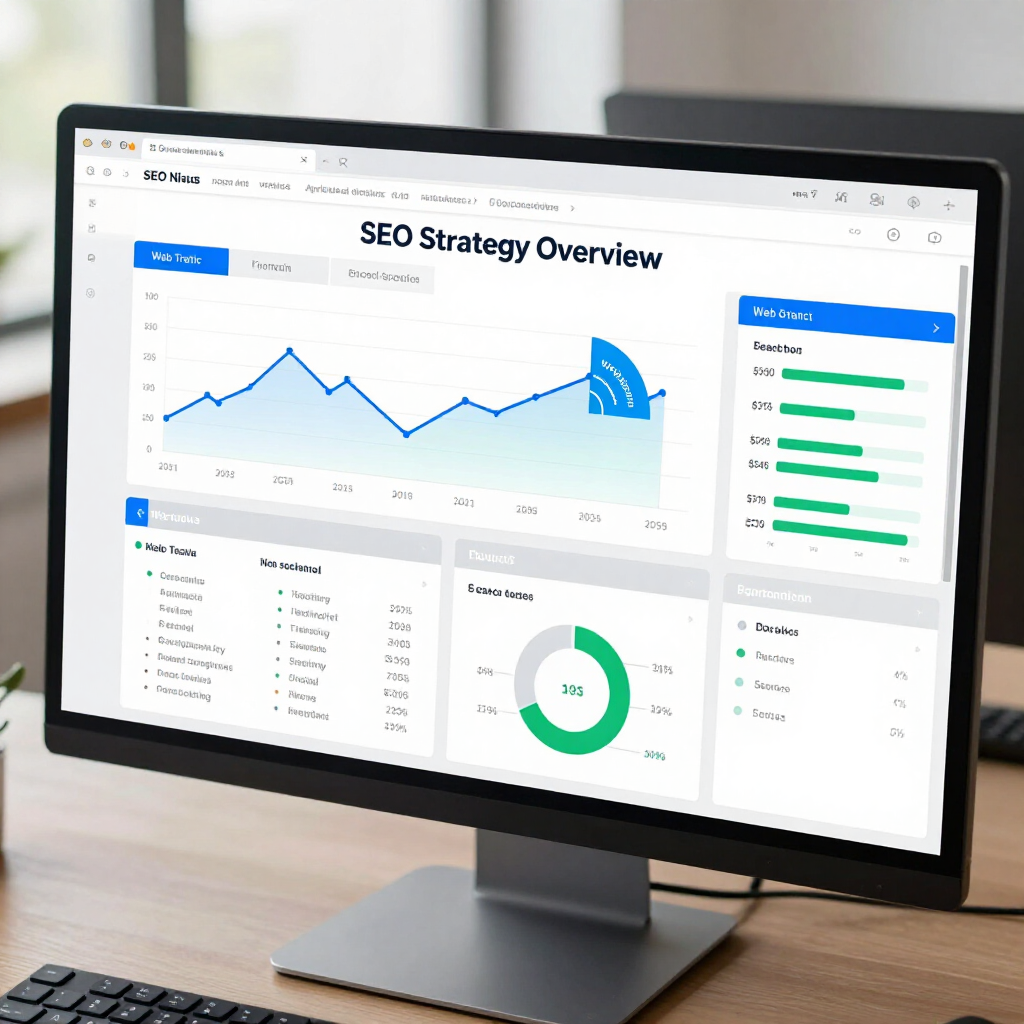 Desktop computer displaying SEO-related diagrams and the word