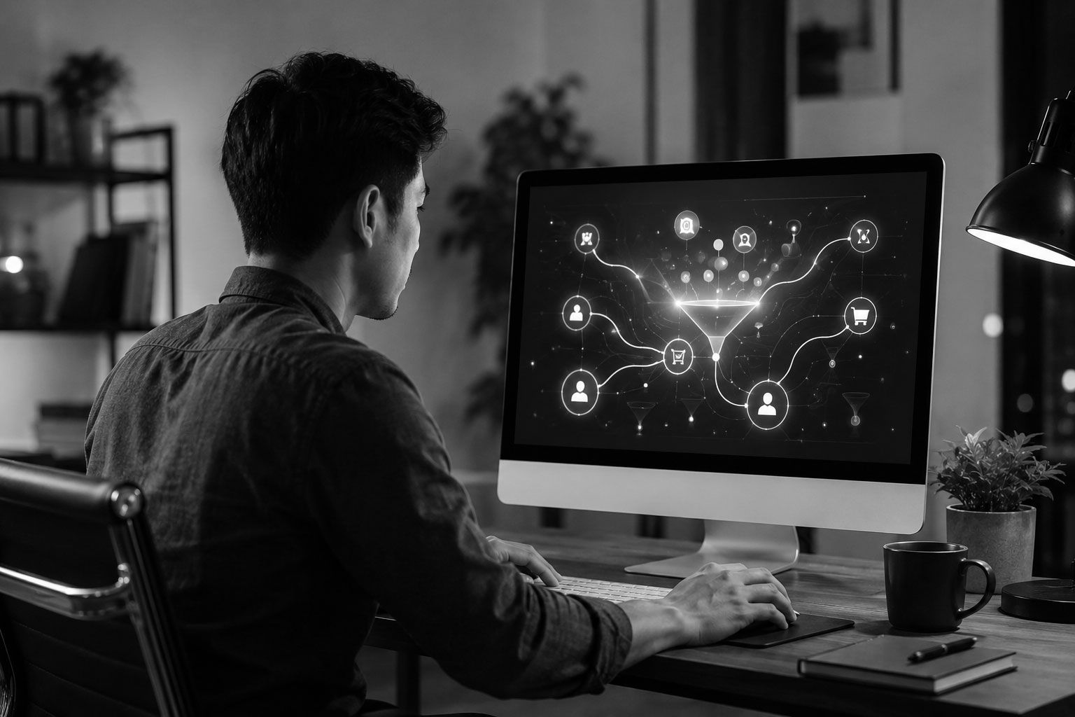 Person working at a desk on a computer displaying a digital network diagram in a dim office