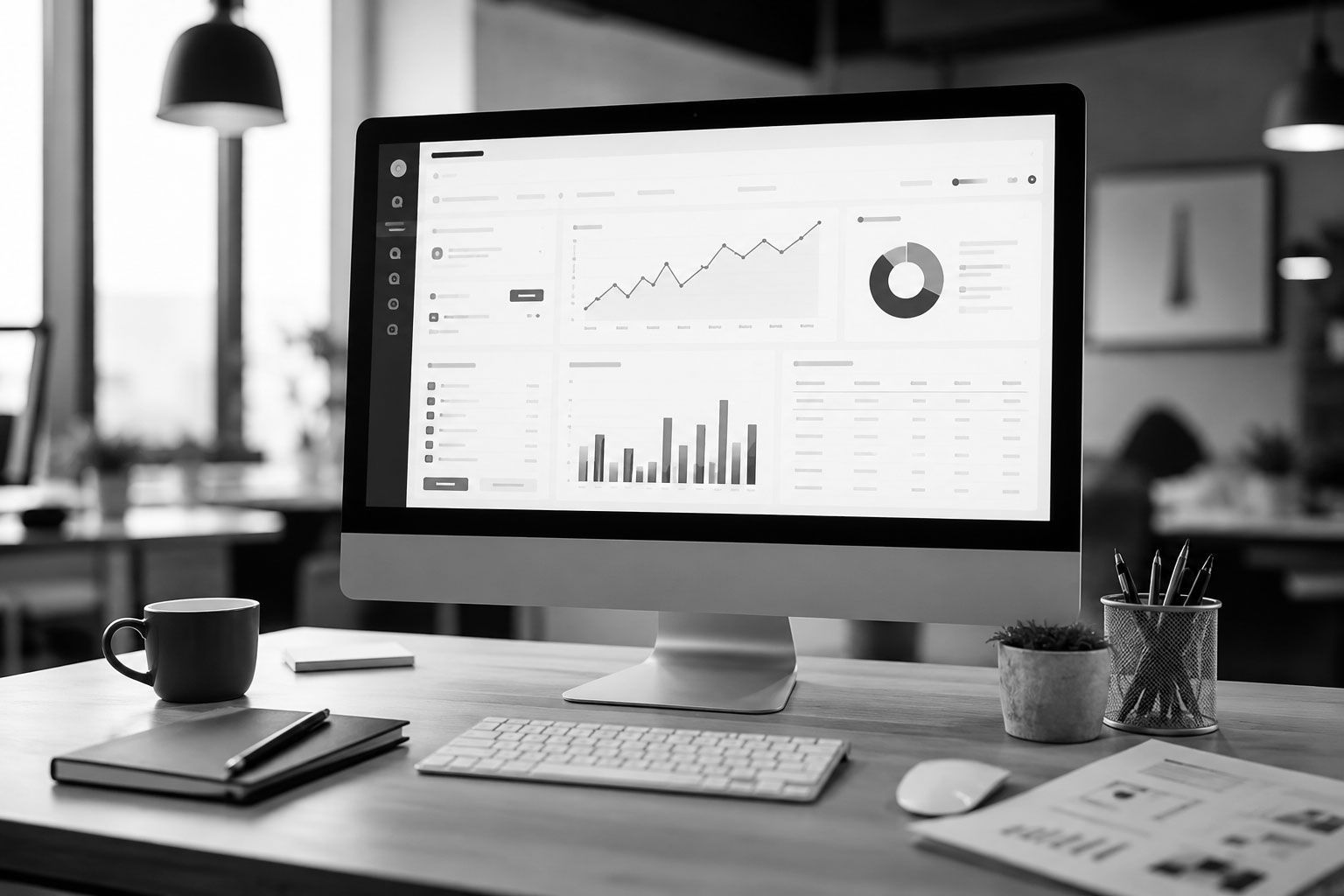 Modern desk with desktop monitor showing analytics dashboard, keyboard, coffee cup, and notebook in a bright office