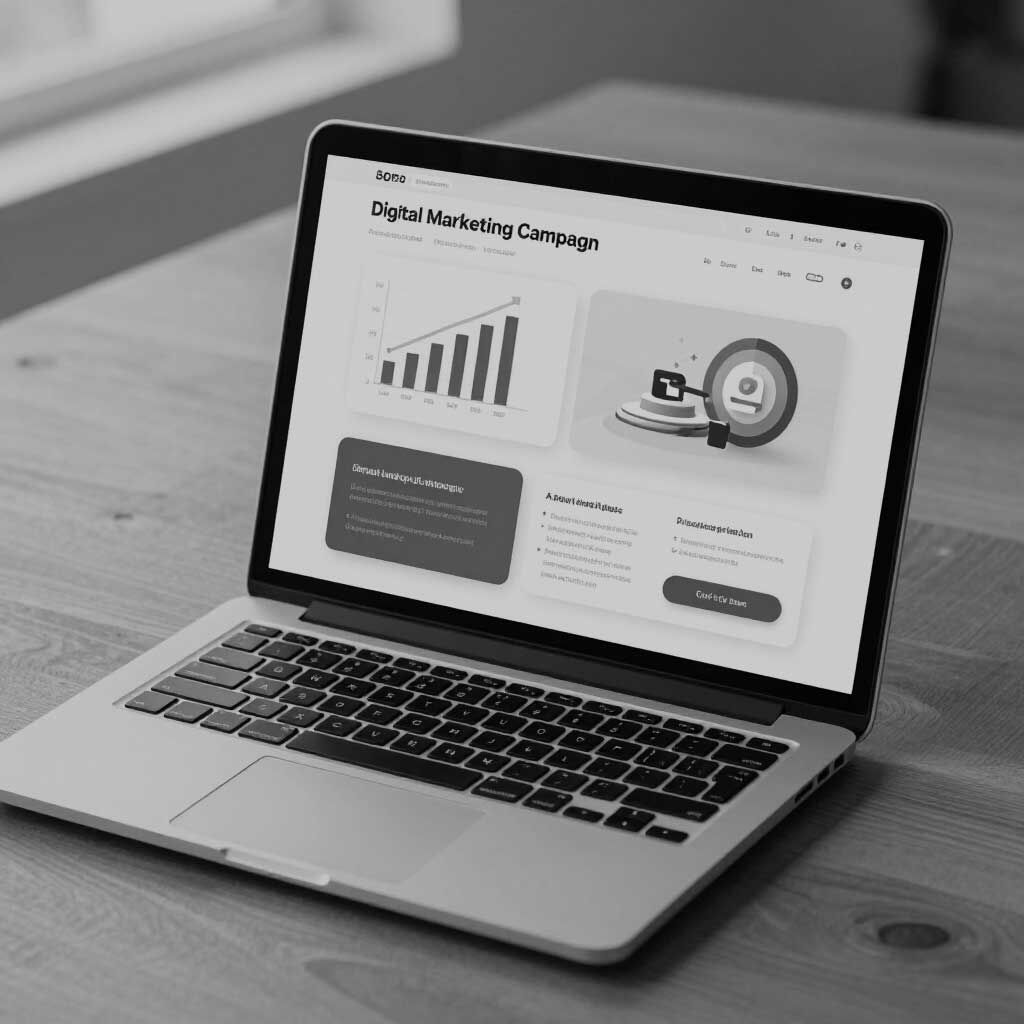 Laptop displaying a digital marketing dashboard on a wooden desk in grayscale.
