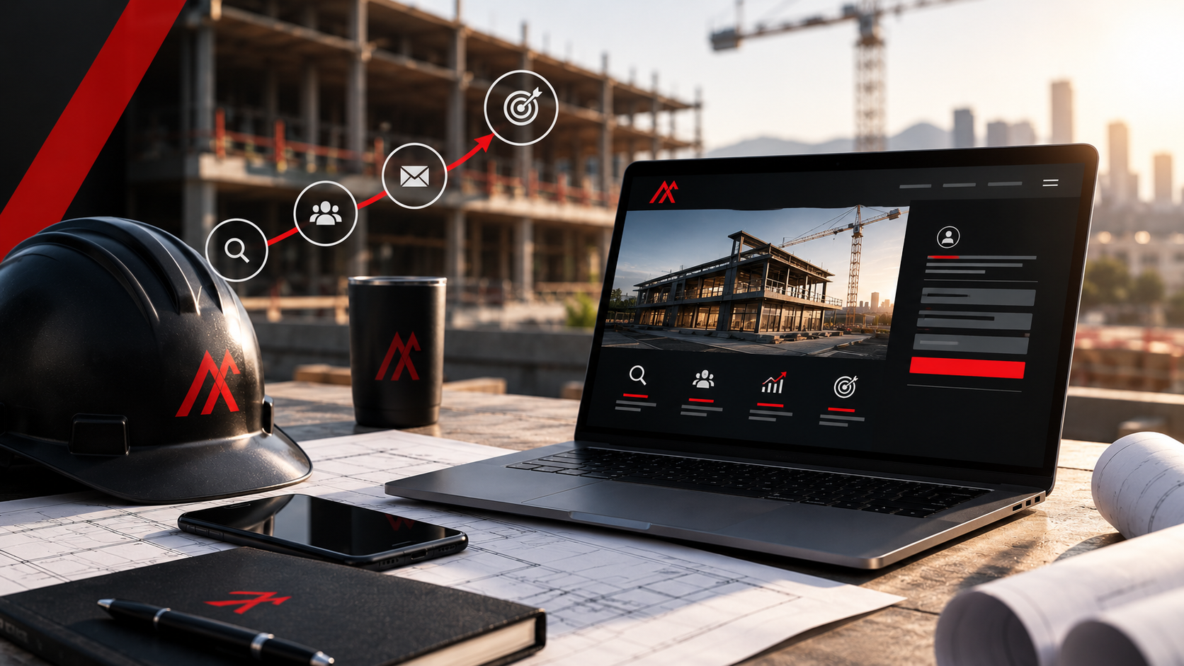 Black laptop displaying a website mockup beside a phone and hat on a desk at a construction site