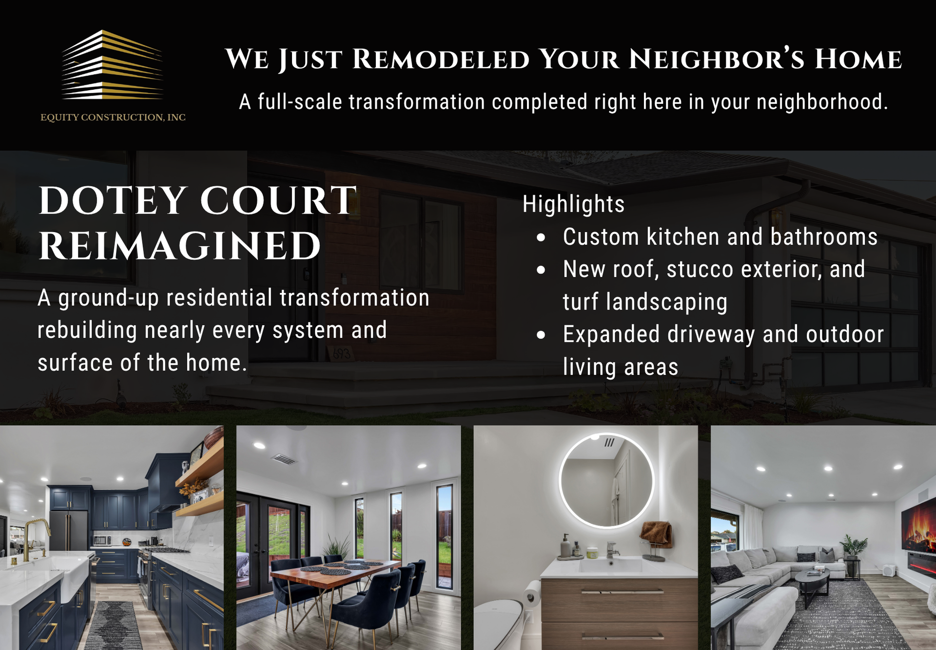 Dotey Court remodeled home marketing flyer with dark header and photos of kitchen, bath, and living spaces