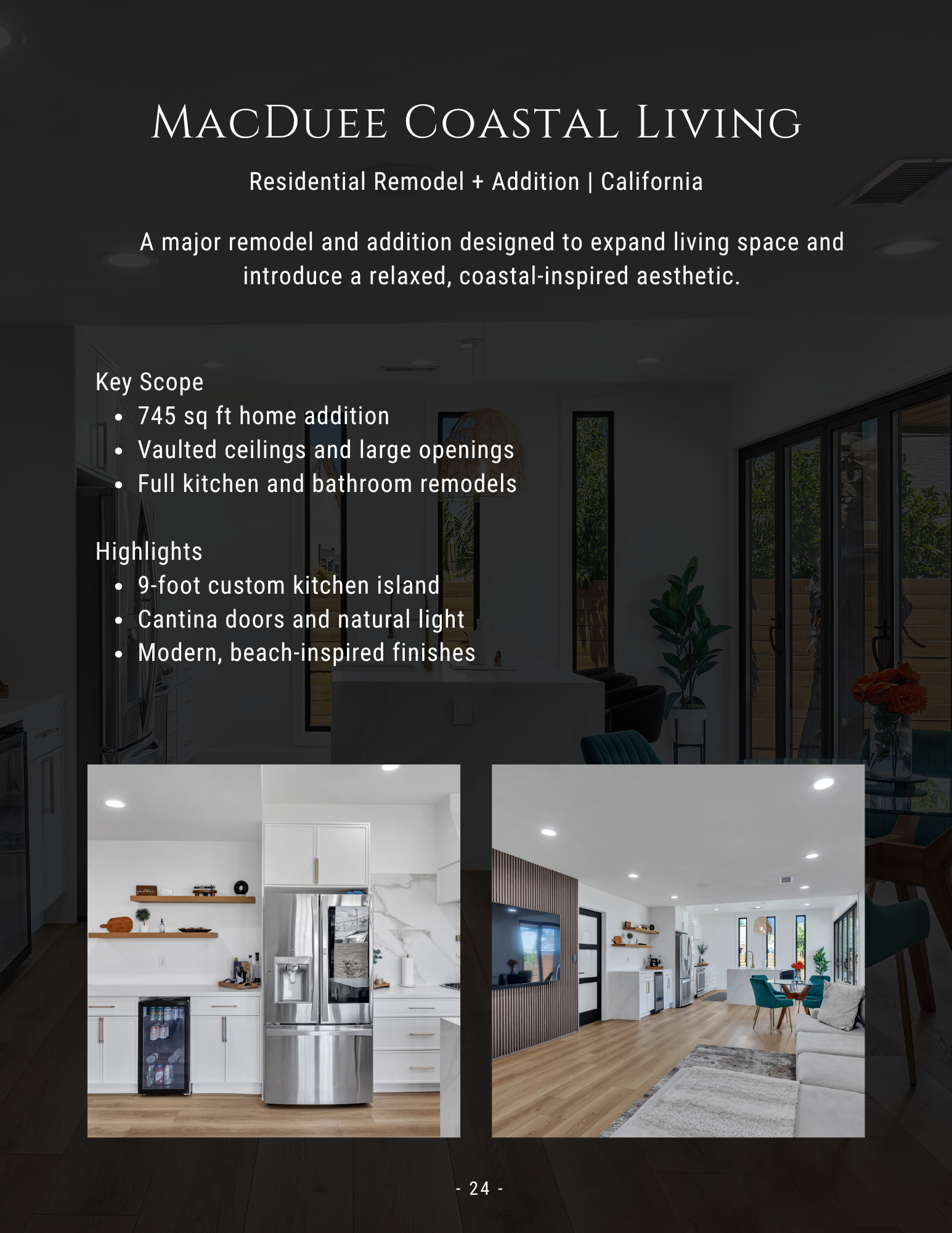 MacDude Coastal Living real estate flyer with text and photos of a bright modern kitchen and living room