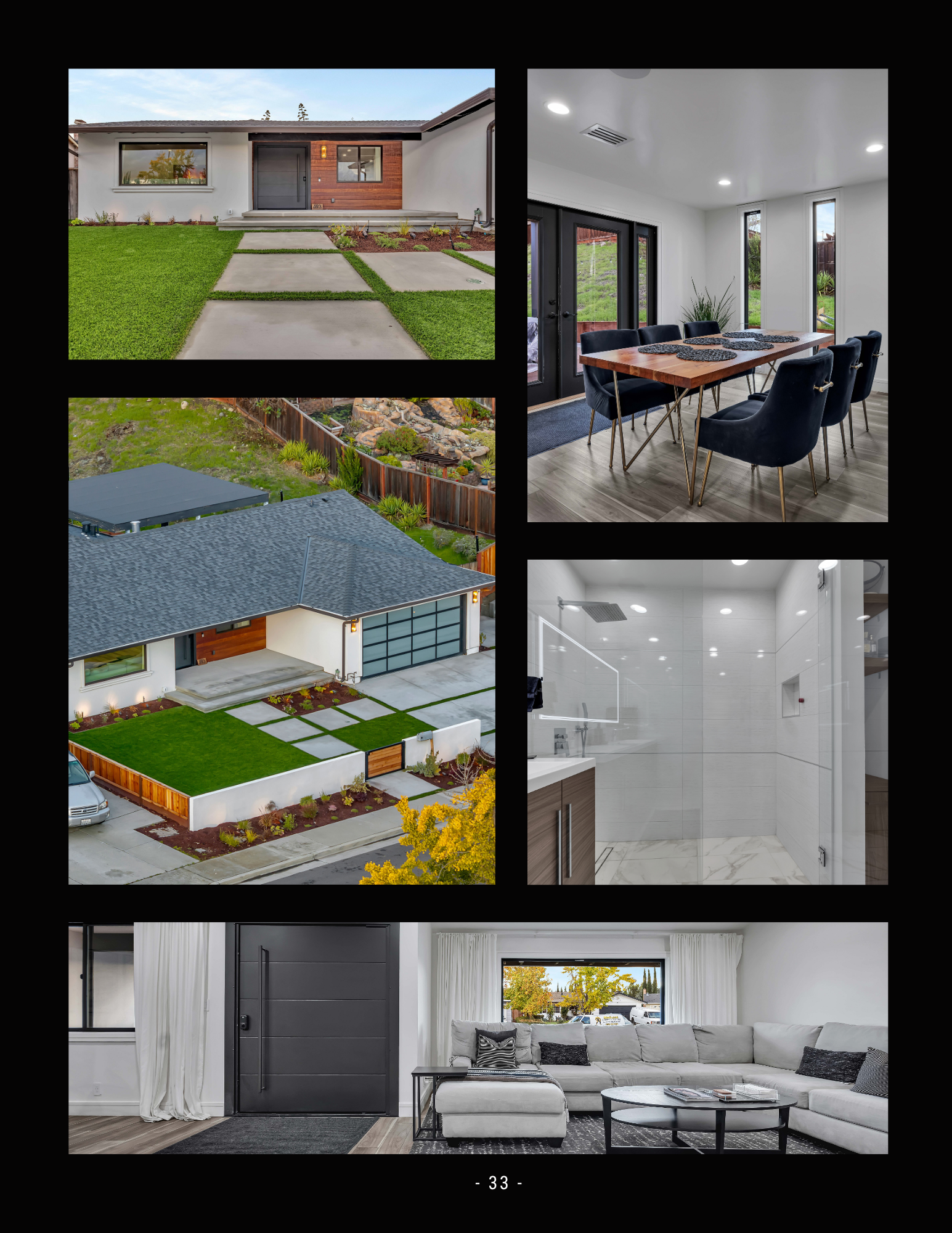 Collage of a modern home exterior, landscaped yard, dining room, bathroom, and living room interior.