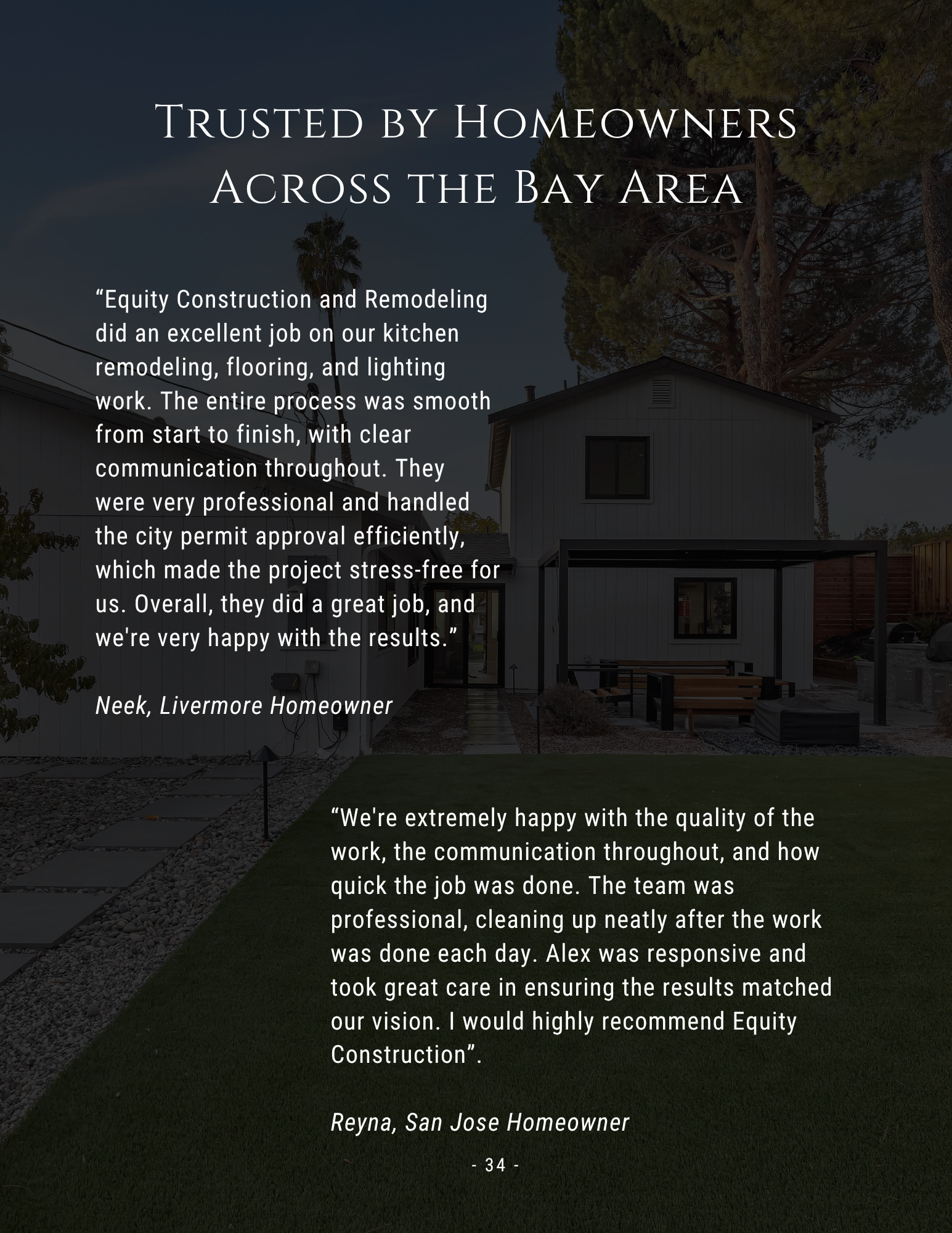 Bay Area home exterior with testimonial text overlay on a dark background
