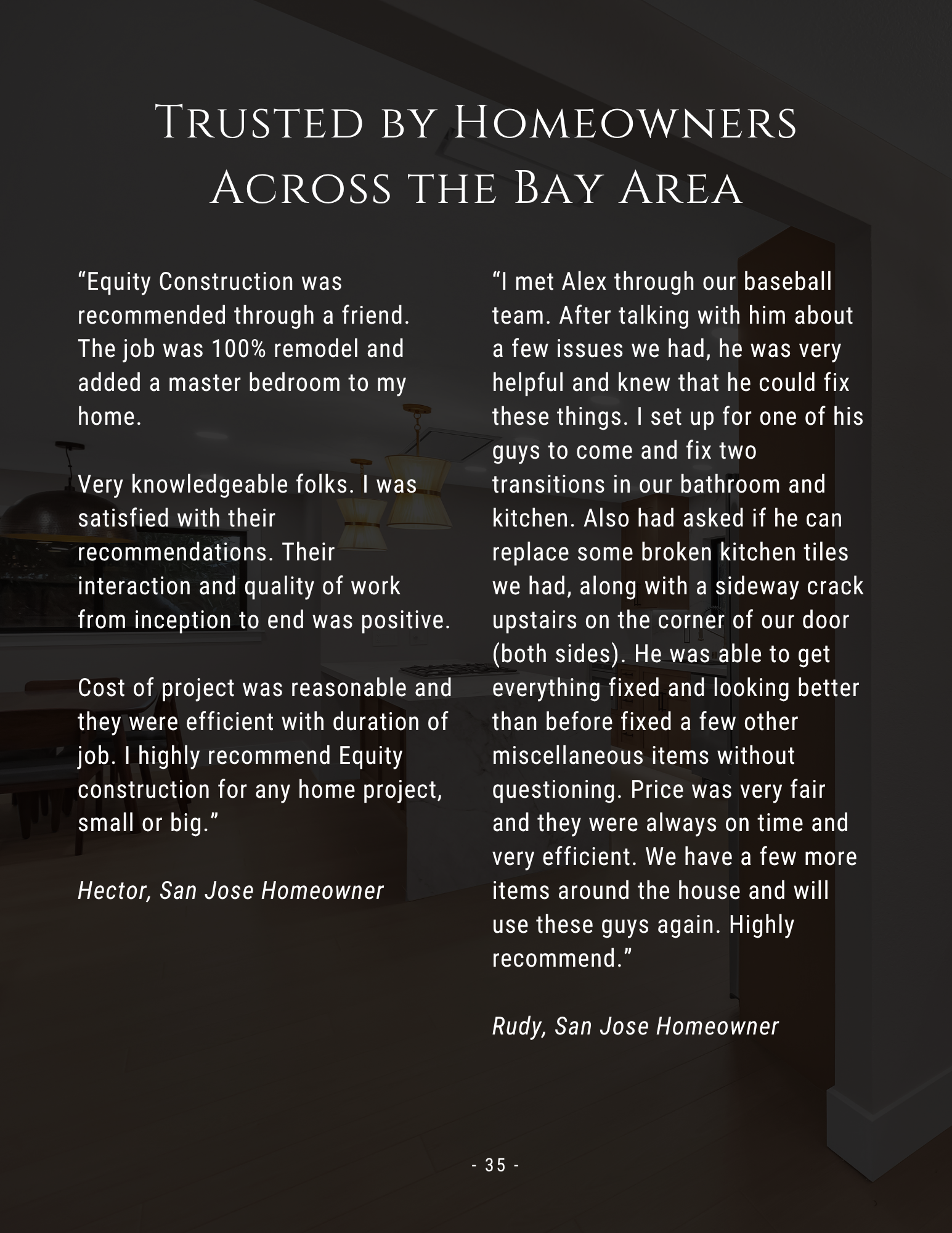 Dark testimonial slide titled “Trusted by homeowners across the Bay Area” with two columns of quotes.