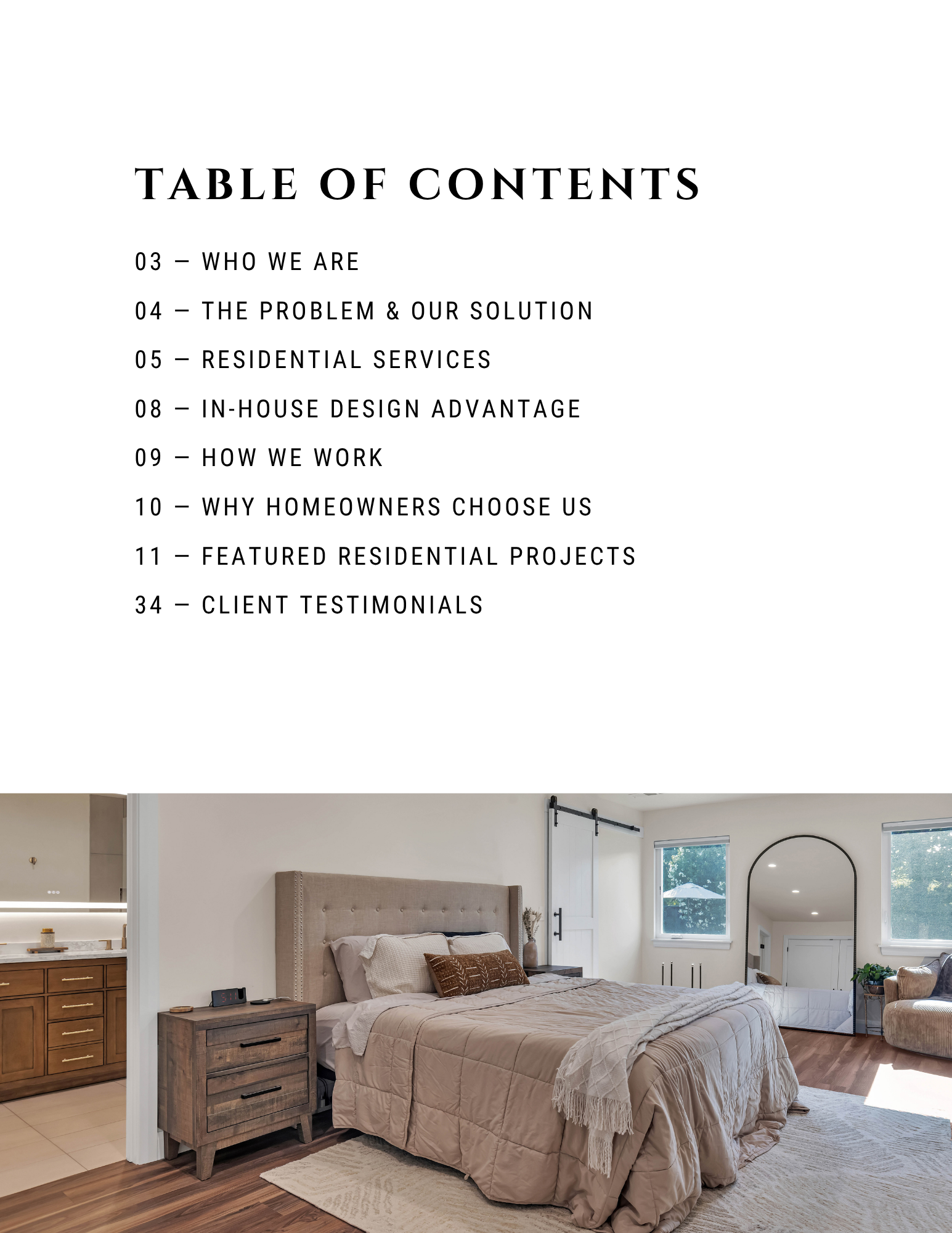 Table of contents above a beige bedroom with upholstered bed, nightstands, and arched mirror.
