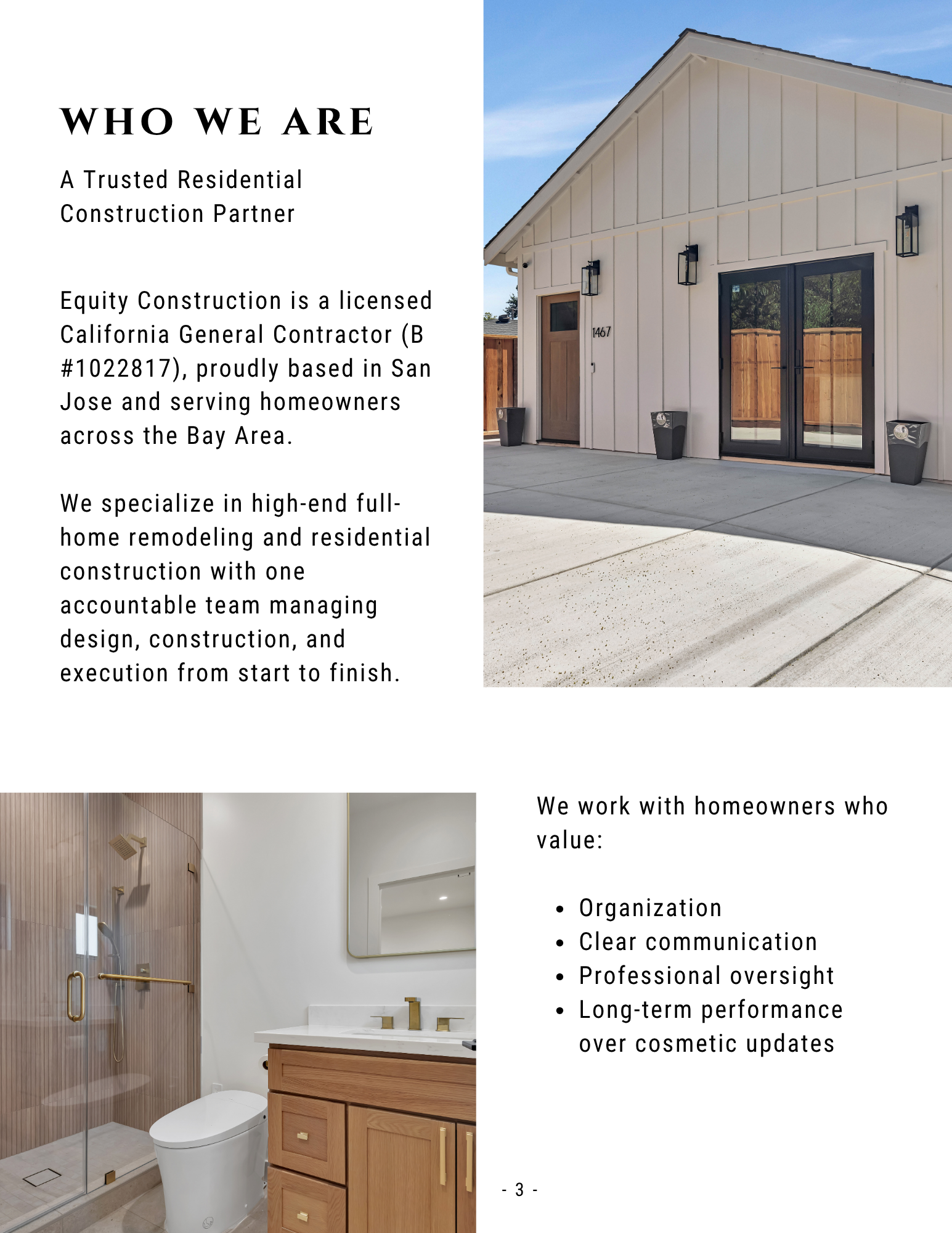 Custom residential construction promo with beige house exterior and modern bathroom, featuring text about services.