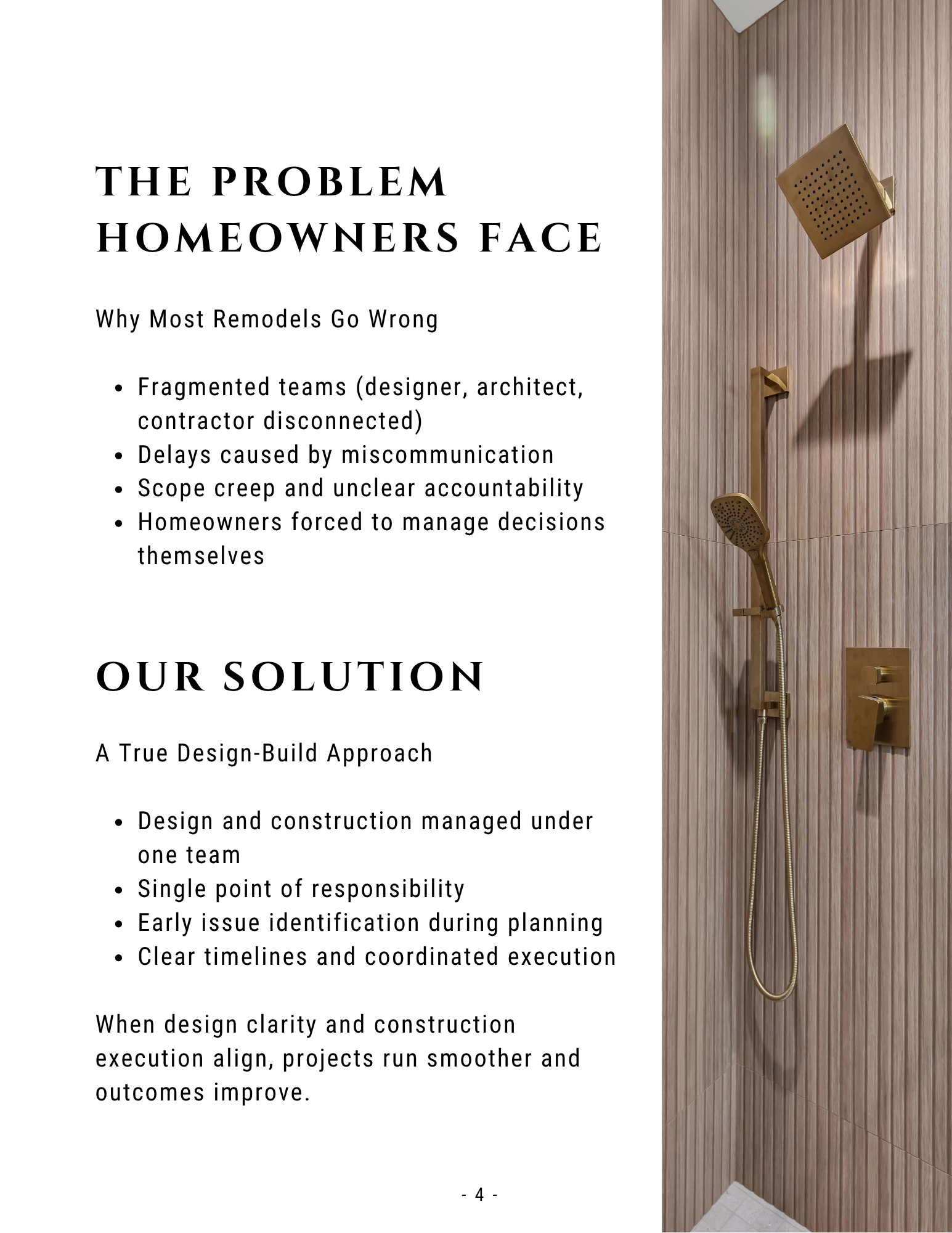 Wooden apartment door beside a text panel about the “problem homeowner’s face” and “our solution”