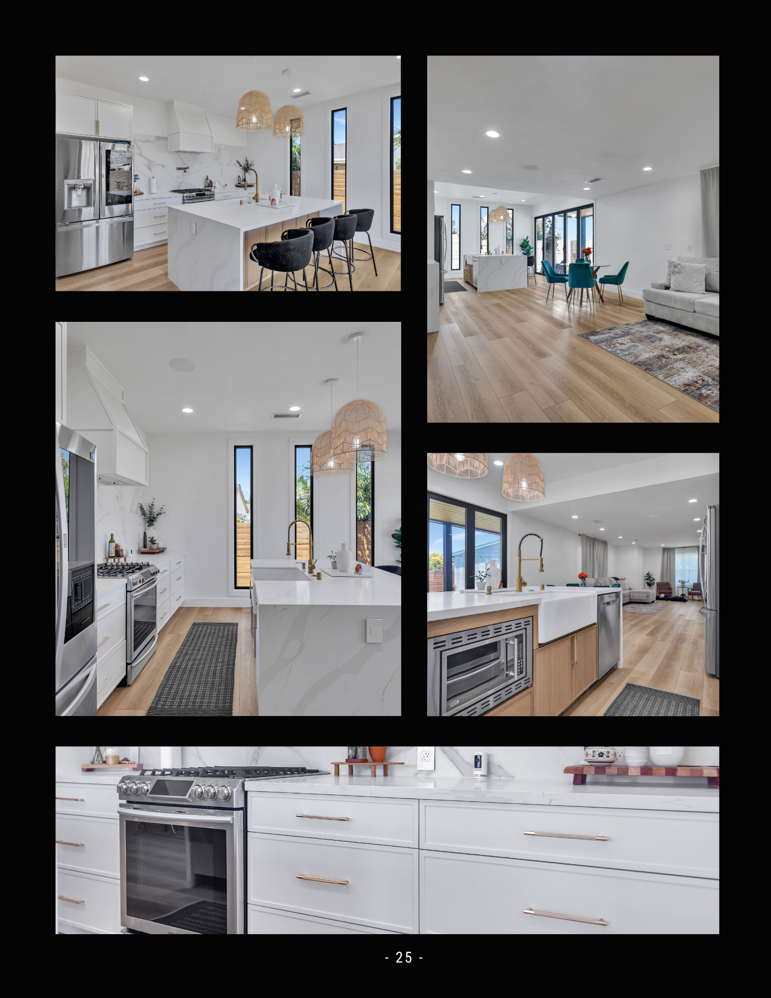 Collage of a modern white kitchen and open-plan living room with wood floors, island, and large windows