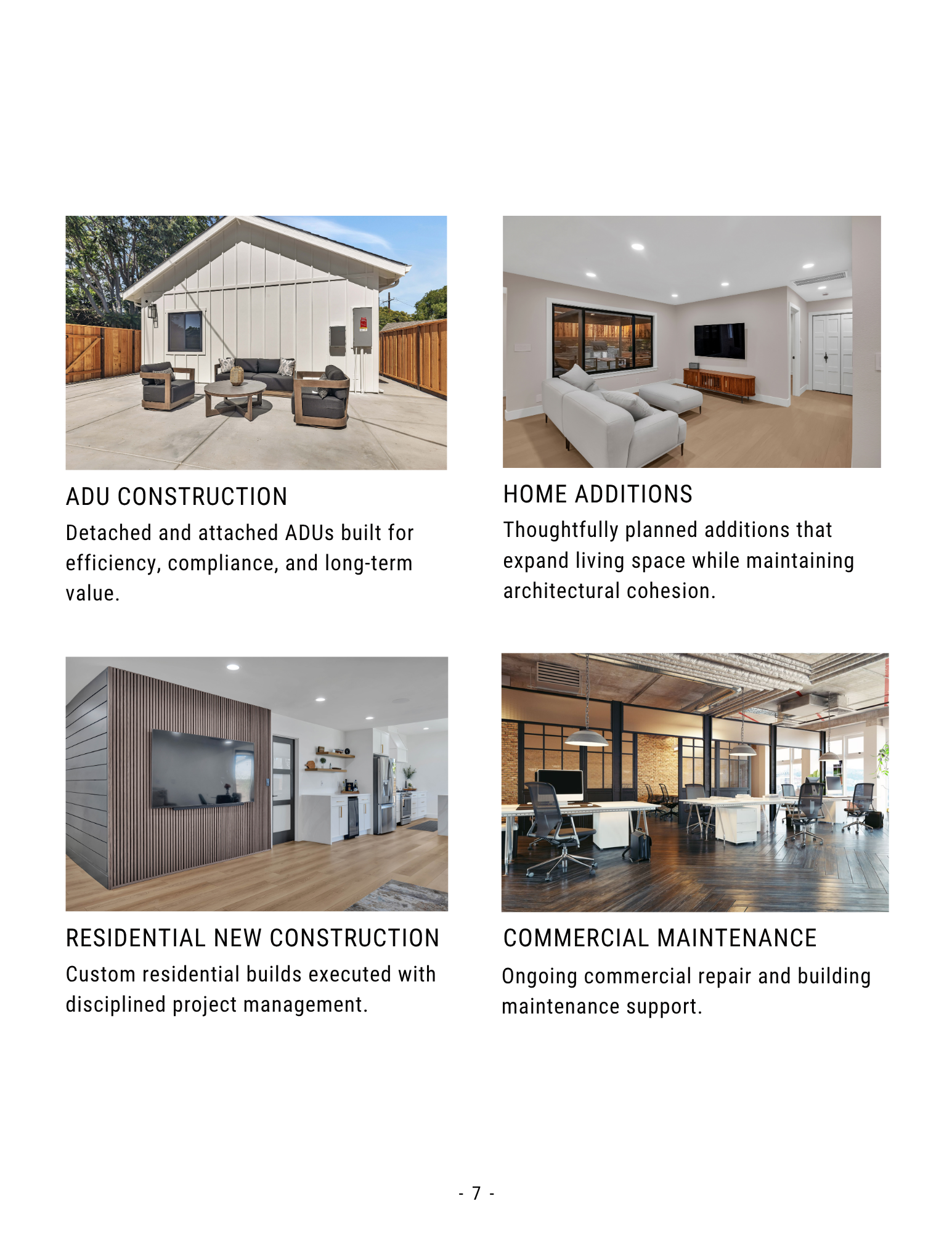 Collage of four home construction and remodeling photos with brief service descriptions underneath
