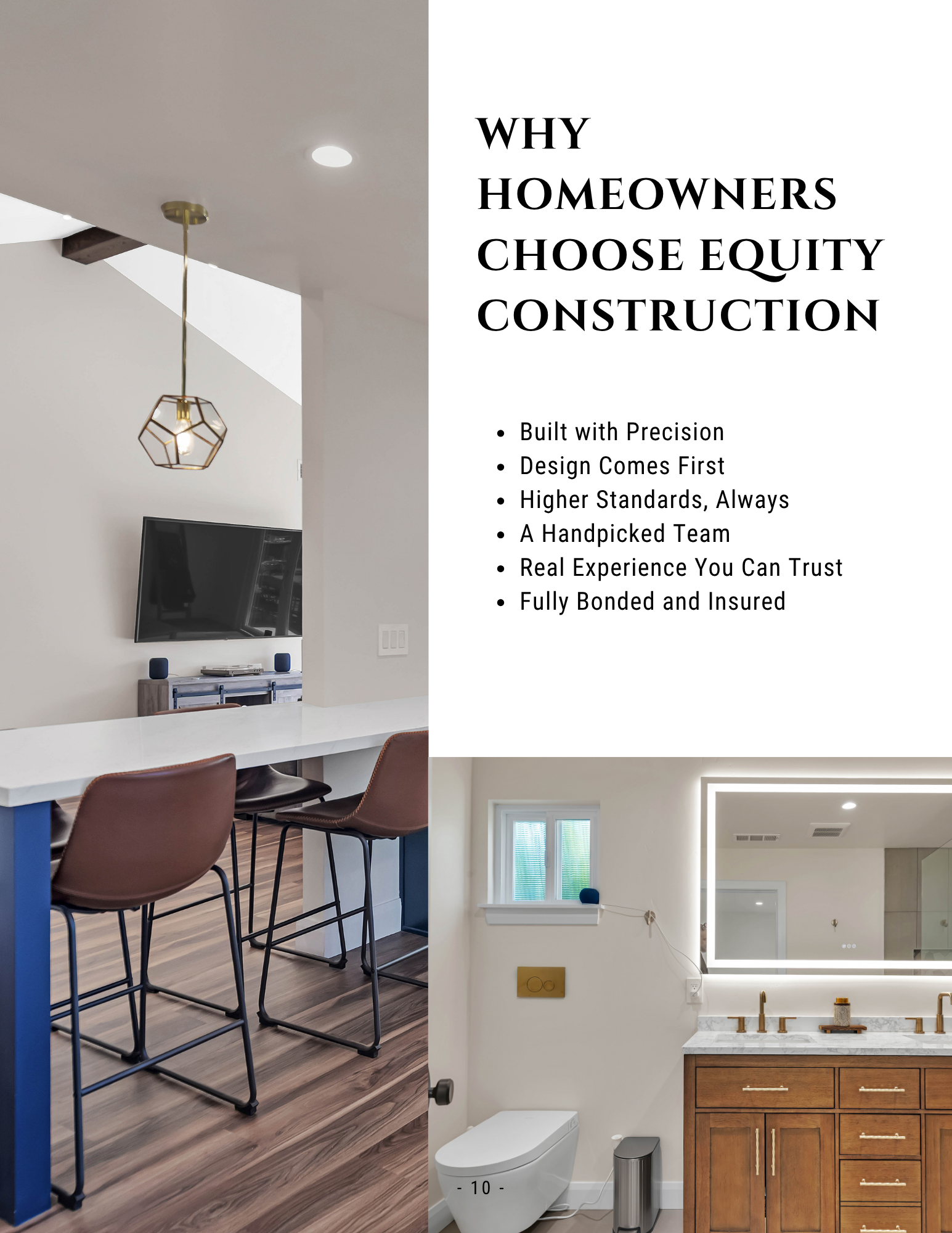 Home renovation flyer with kitchen and bathroom photos and text: “Why homeowners choose equity construction”