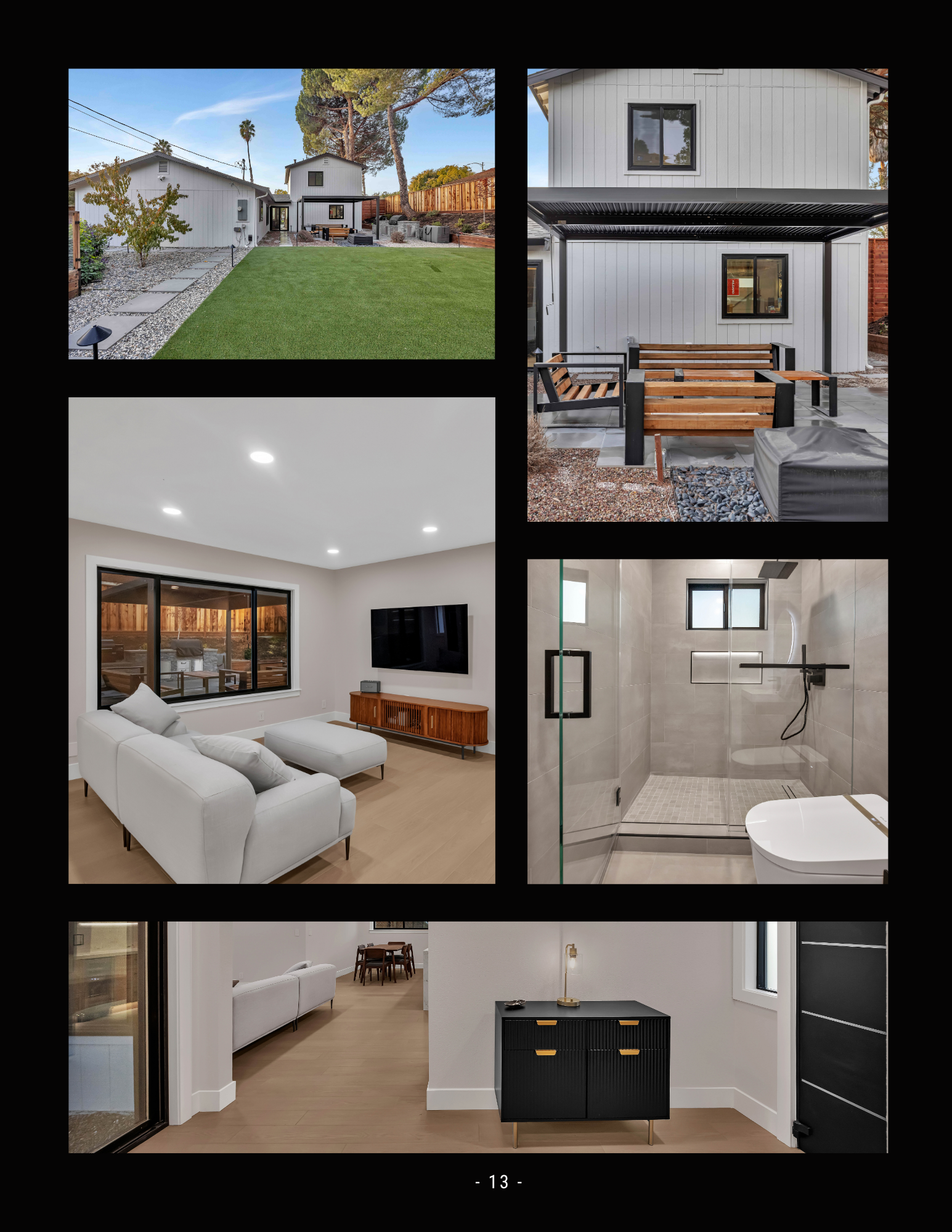 Collage of a modern house exterior and bright interior rooms with white and wood finishes