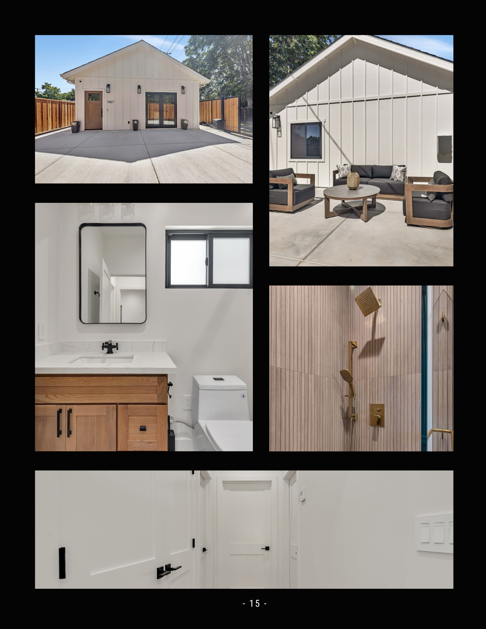 Collage of a white tiny house exterior and modern bathroom, kitchen, and shower interiors