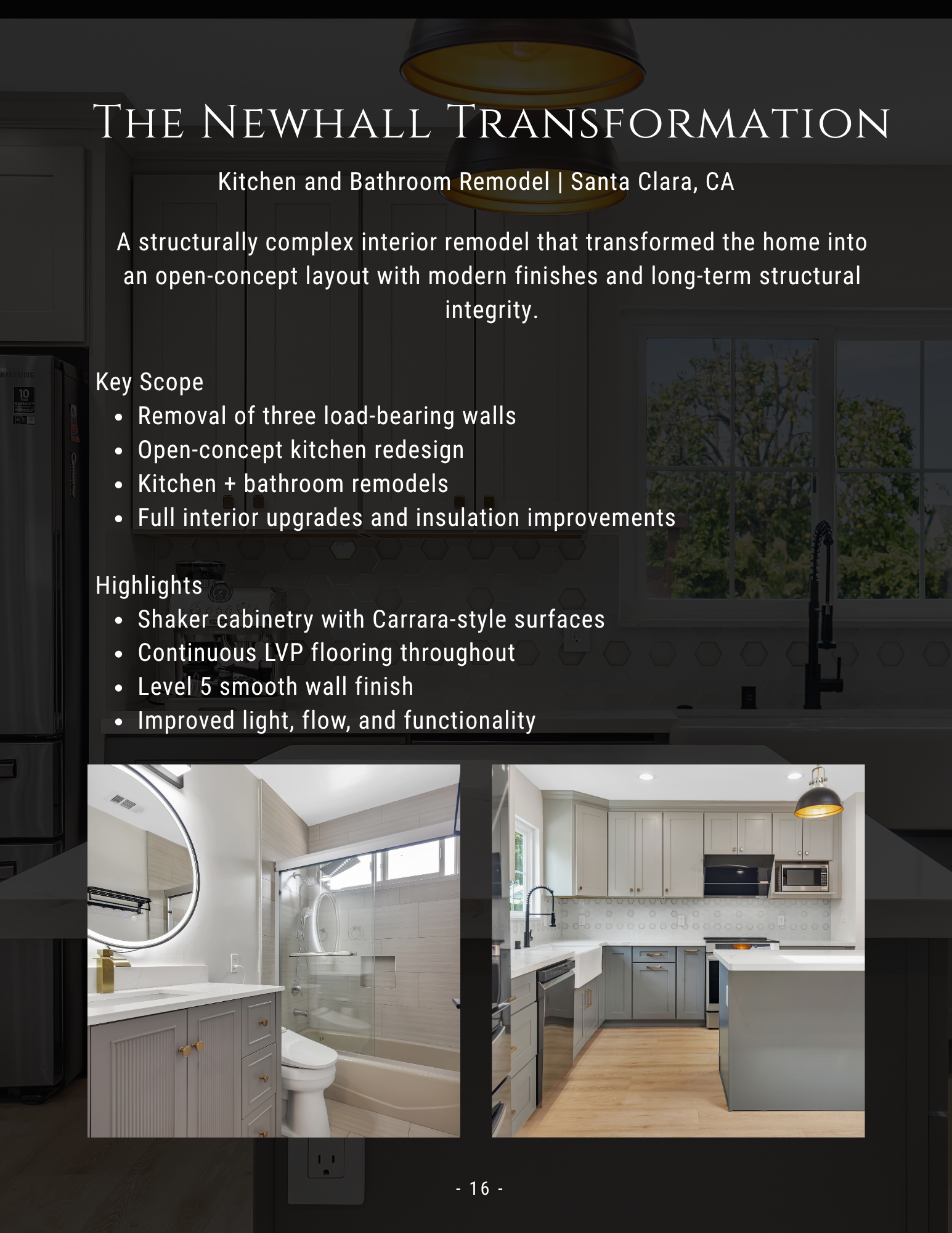 Promotional flyer for a kitchen transformation, showing before-and-after remodel photos and text on upgrades