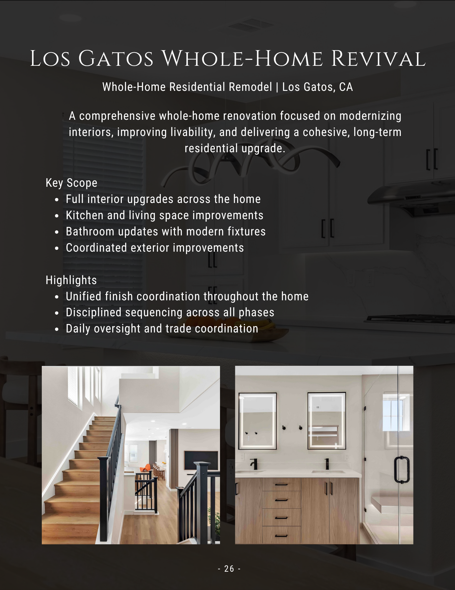 Promotional flyer for Los Gatos Whole Home Revival featuring a stairway and bathroom remodel photos
