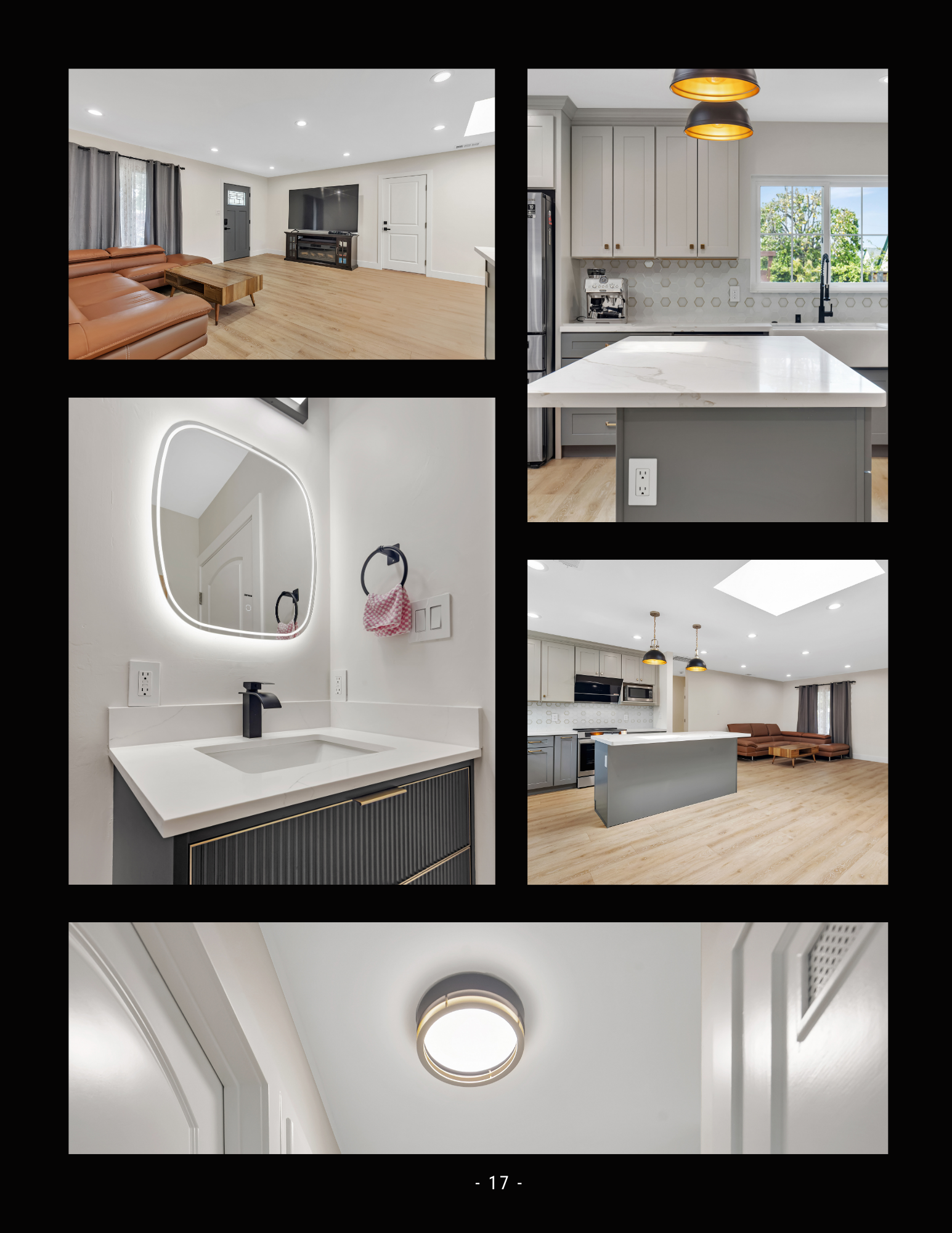 Collage of a bright modern home interior: living room, kitchen, bathroom vanity, and hallway ceiling light.