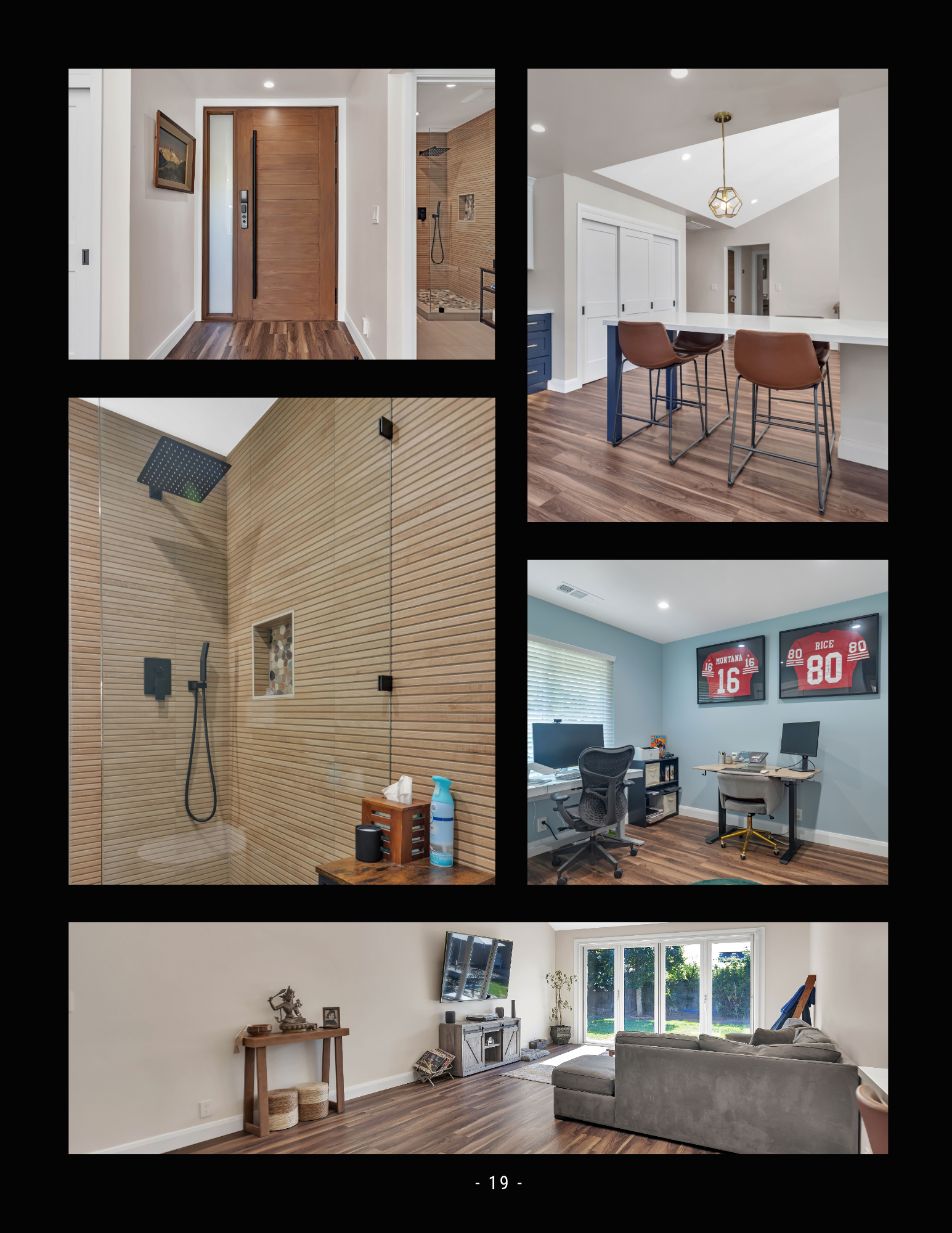 Collage of a modern home’s entryway, shower, dining area, office, and living room with neutral decor