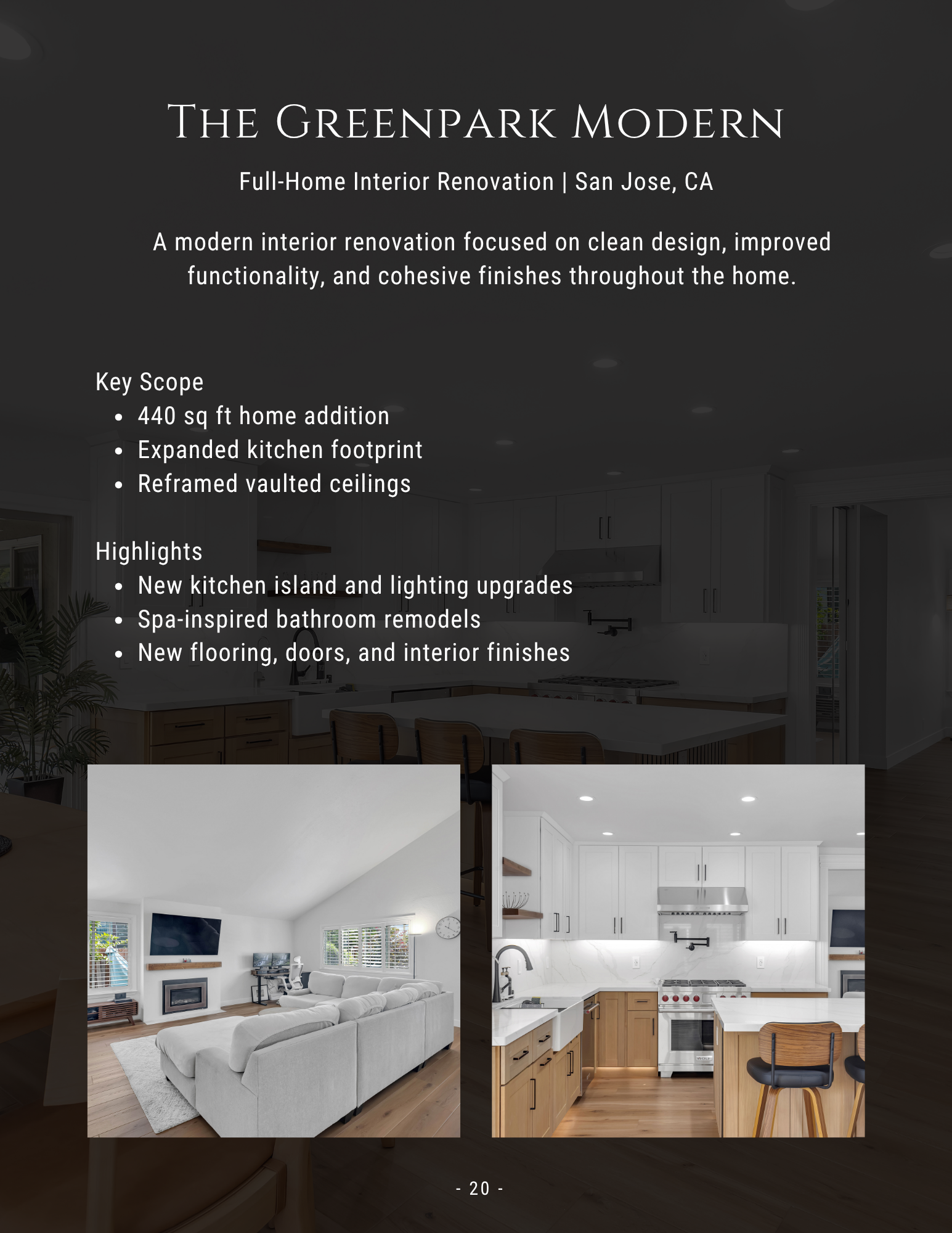 The Greenpark Modern rental ad with modern white kitchen and living room interiors.