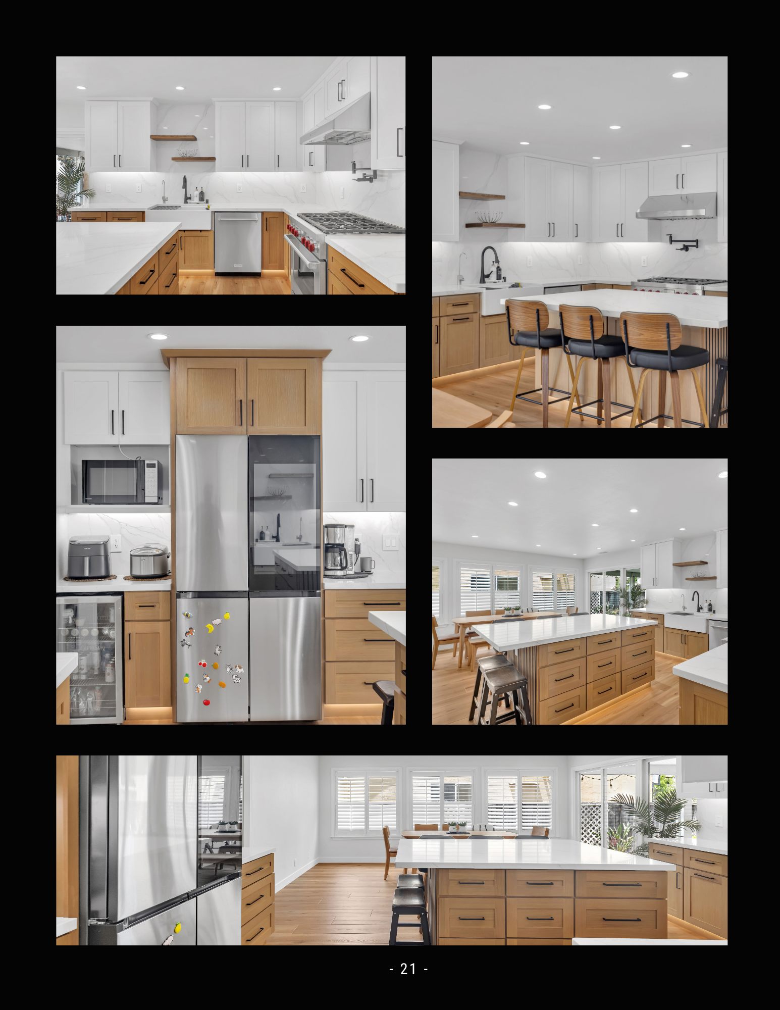 Collage of a bright white modern kitchen with wood accents, island, stainless appliances, and pendant lights
