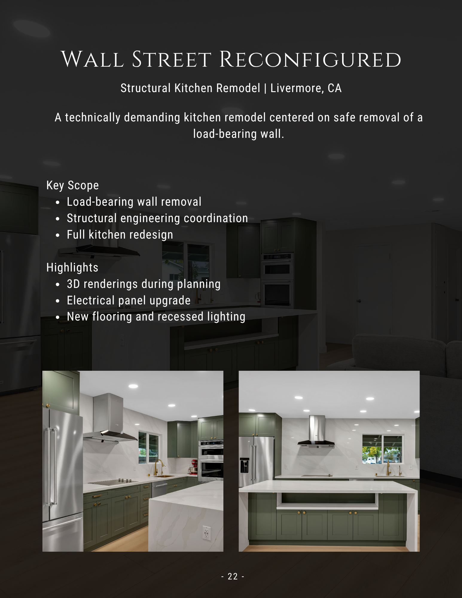 Kitchen renovation mood board with dark and white cabinetry, island renders, and concept text overlay