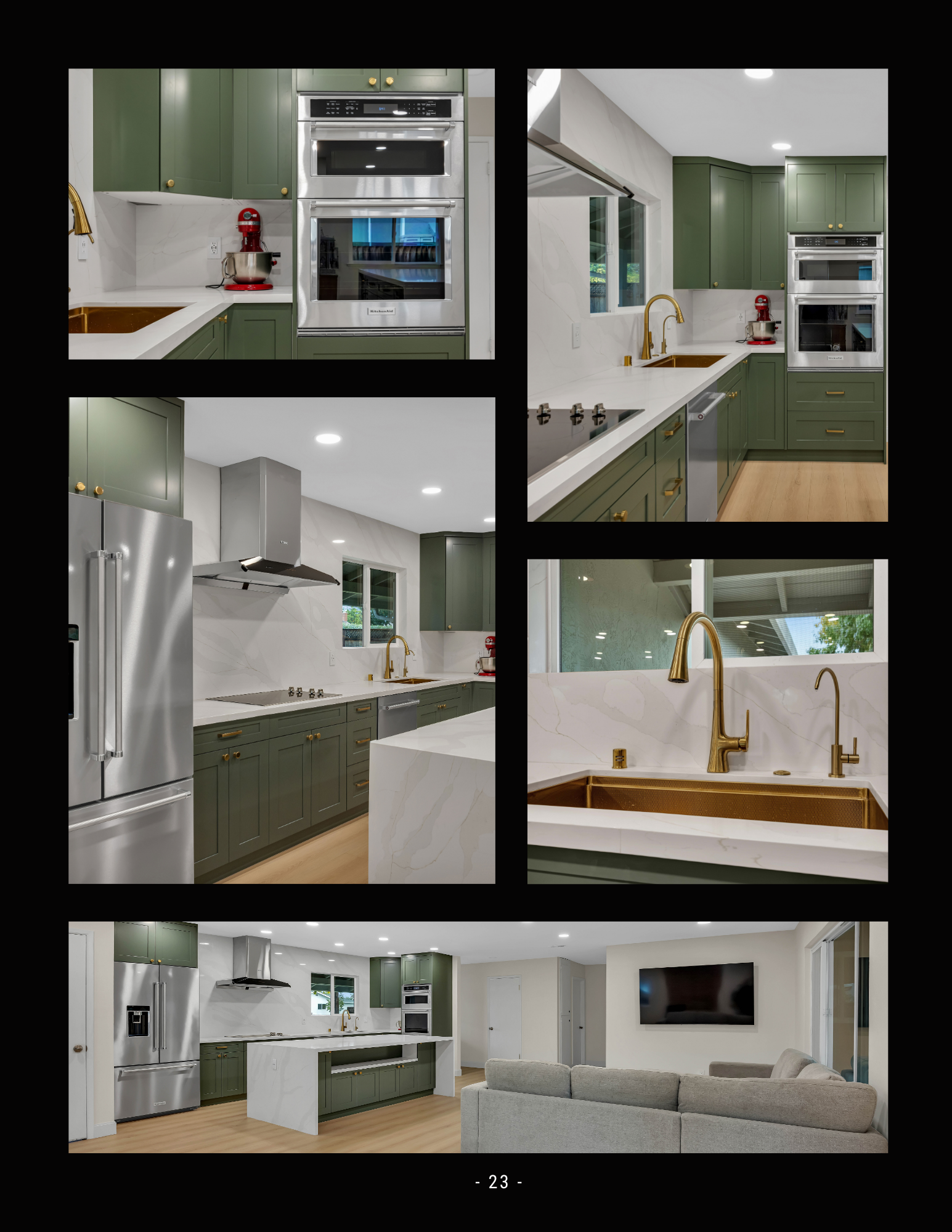 Modern open-plan kitchen and living room with green cabinets, white counters, gold fixtures, and stainless appliances