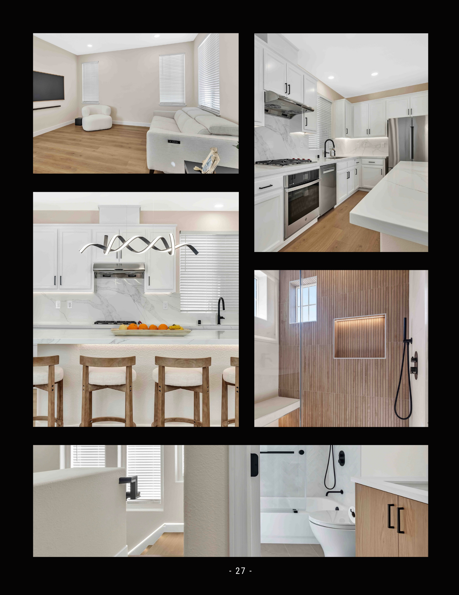 Modern white apartment interior collage showing living room, kitchen, bathroom, bedroom, and hallway.