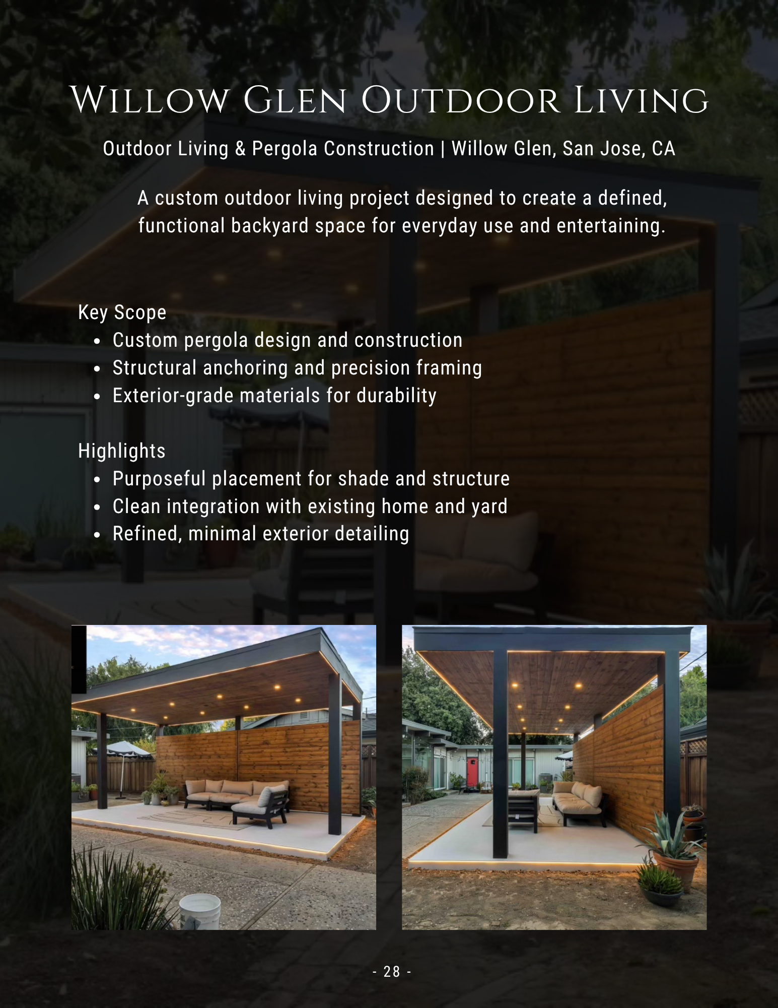 Outdoor living brochure with backyard patio pergola and lounge seating, showing two design photos.