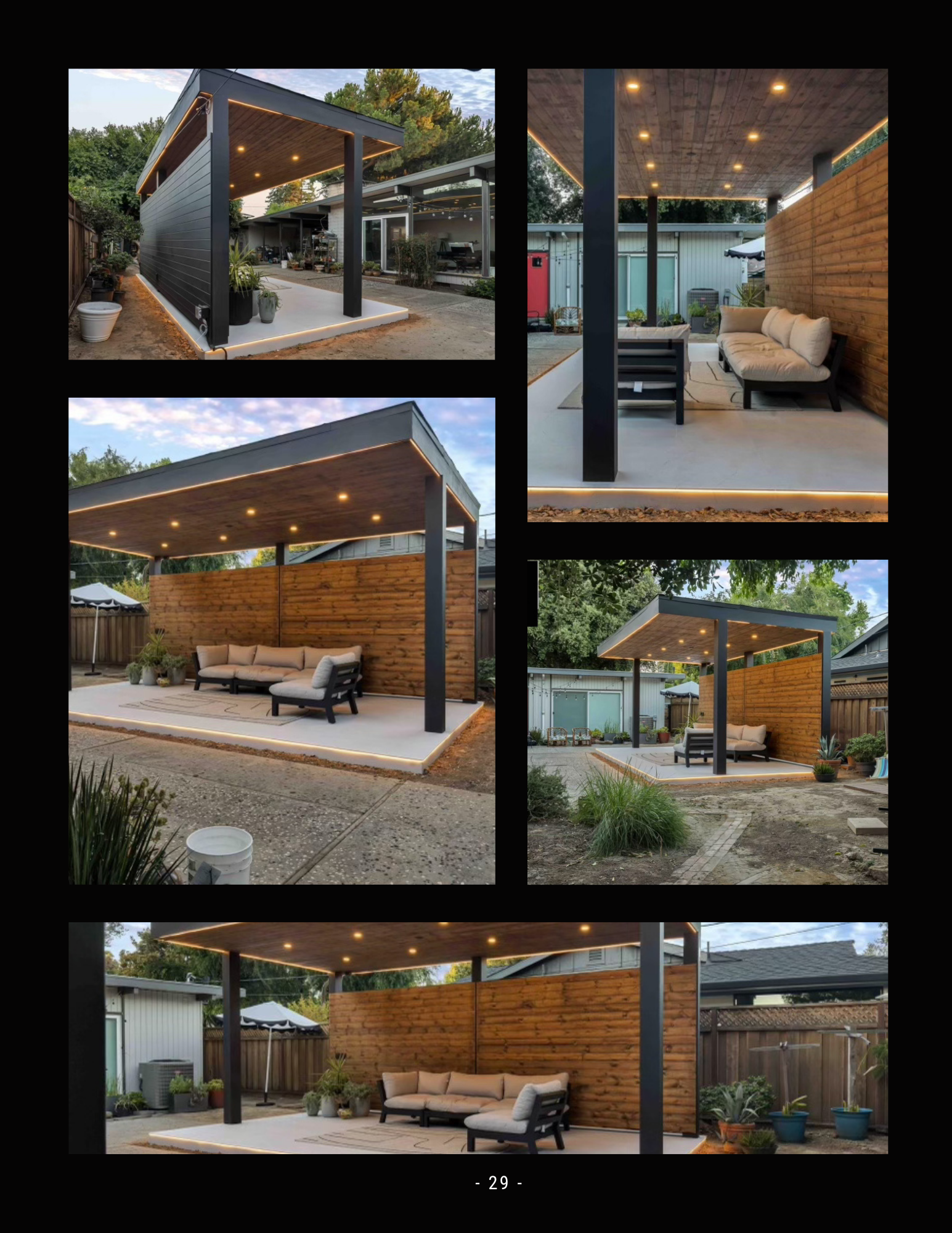 Collage of a modern outdoor patio with wooden pergola, string lights, and white seating on a gravel yard