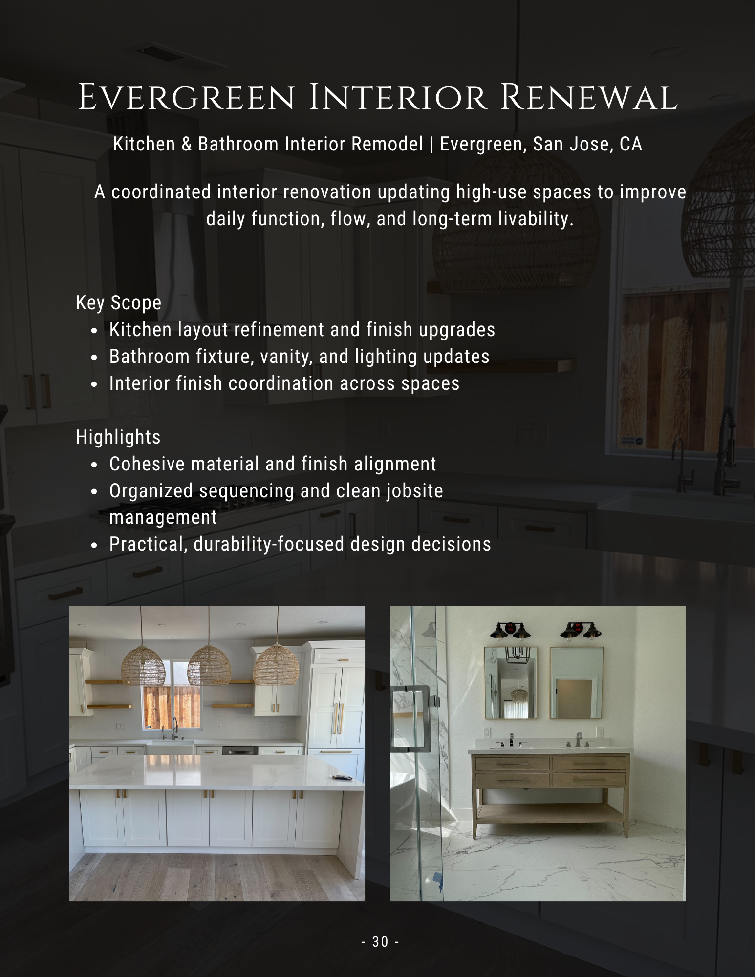 Evergreen Interior Renewal flyer with white kitchen and bathroom renovation examples