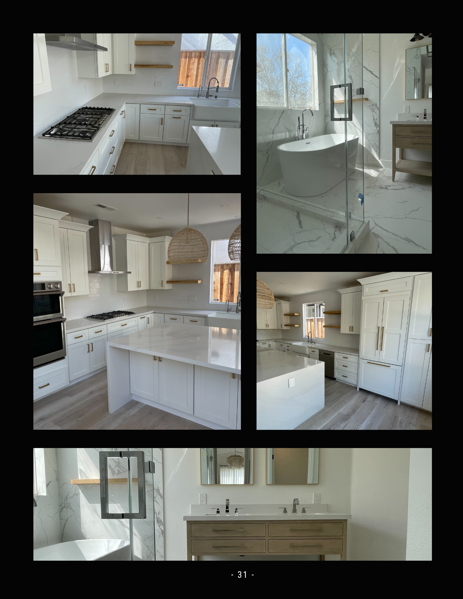 Collage of a bright white kitchen and bathroom with marble floors and modern cabinetry