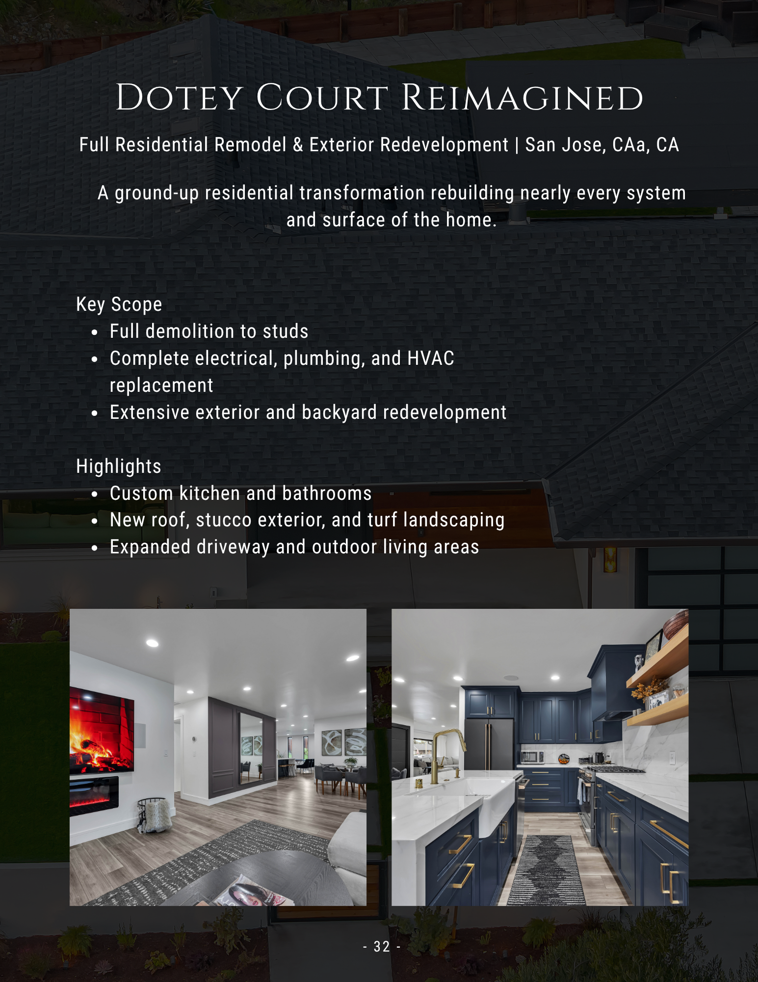 Dotey Court Reimagined real estate flyer showing a modern remodeled kitchen and living room.
