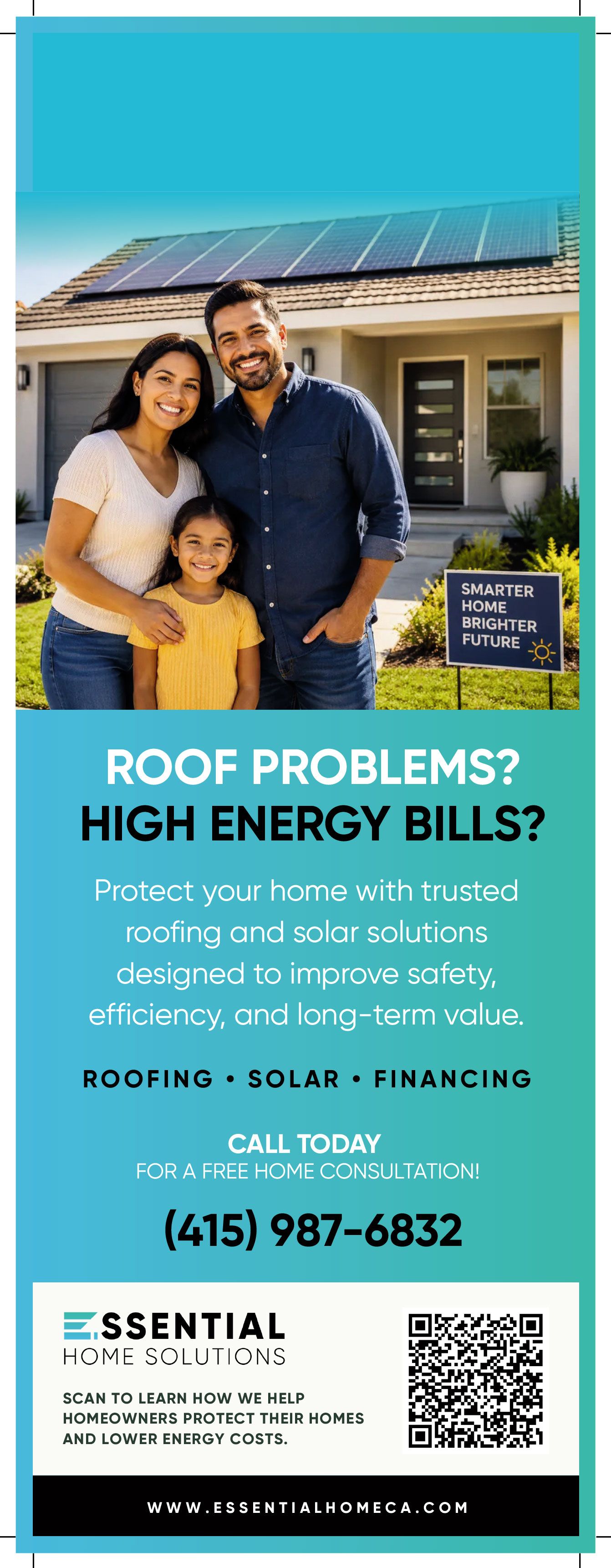Solar company ad with smiling couple by a house, promoting roof repair, solar, and financing with QR code and phone number