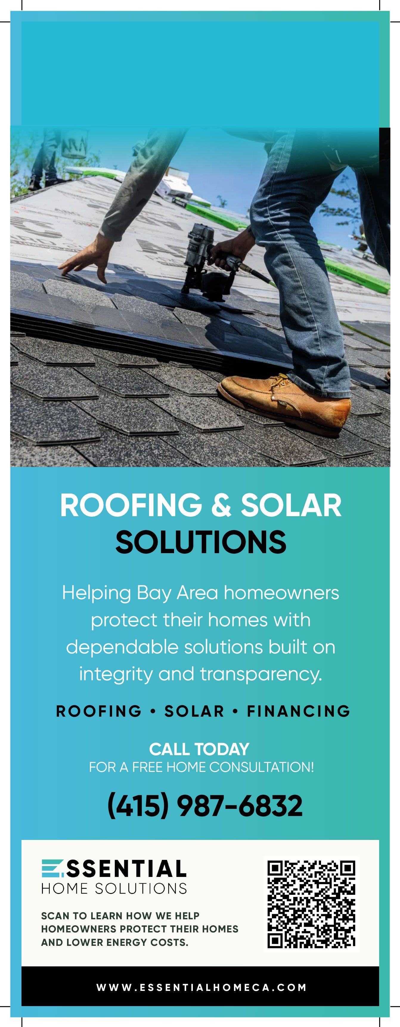 Roofing and solar solutions ad with workers on a roof and contact information