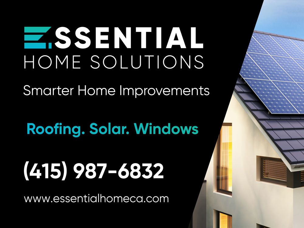 Essential Home Solutions ad with roofing, solar, and windows on black background, phone number and website