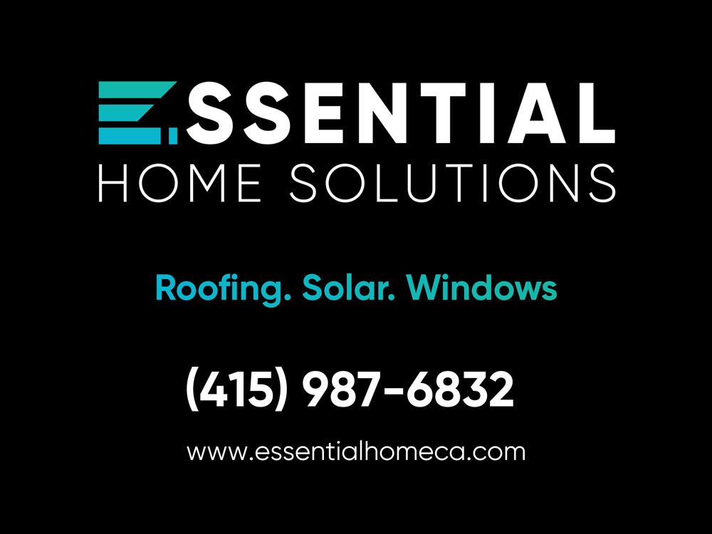 Essential Home Solutions logo with roofing, solar, and windows services, phone number, and website on black background
