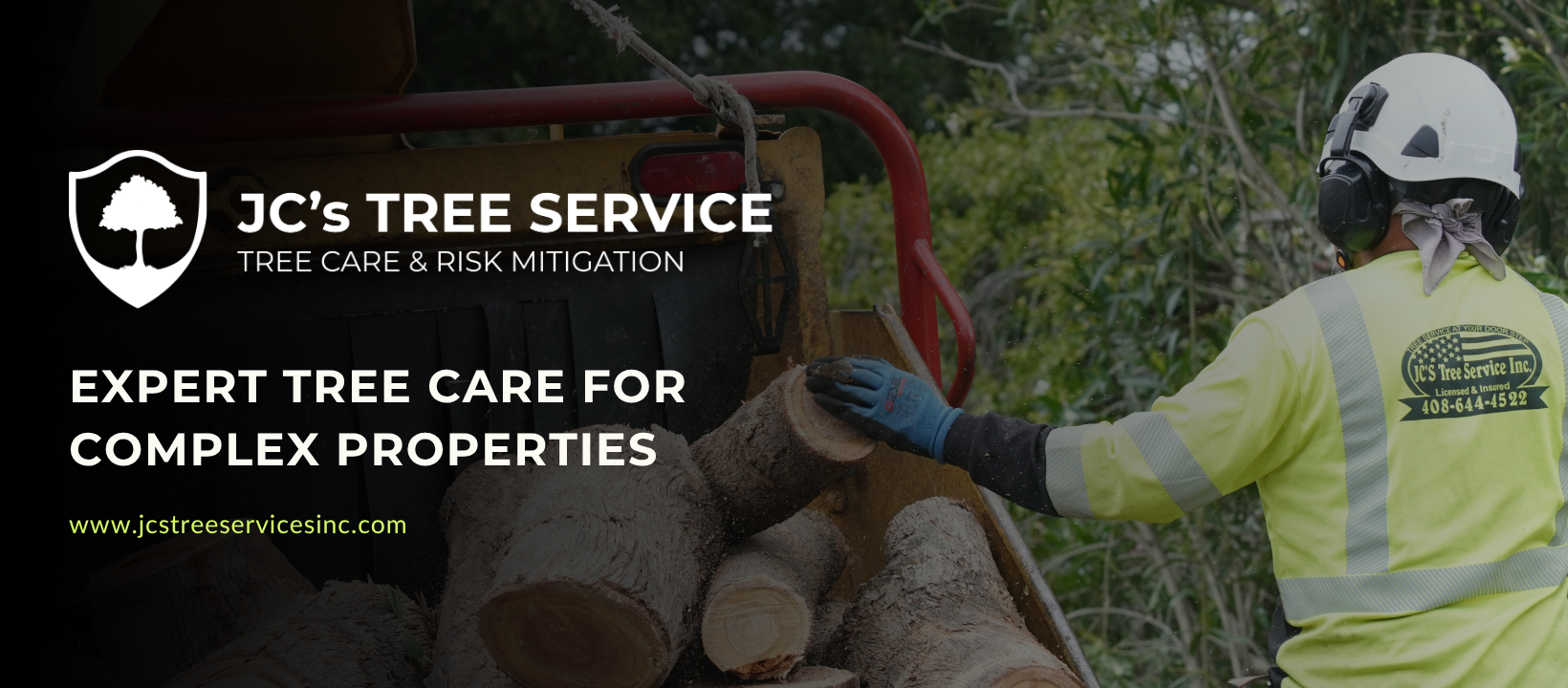 JC’s Tree Service crew cutting a large tree beside a red wood chipper, with “Expert Tree Care for Complex Properties” text.