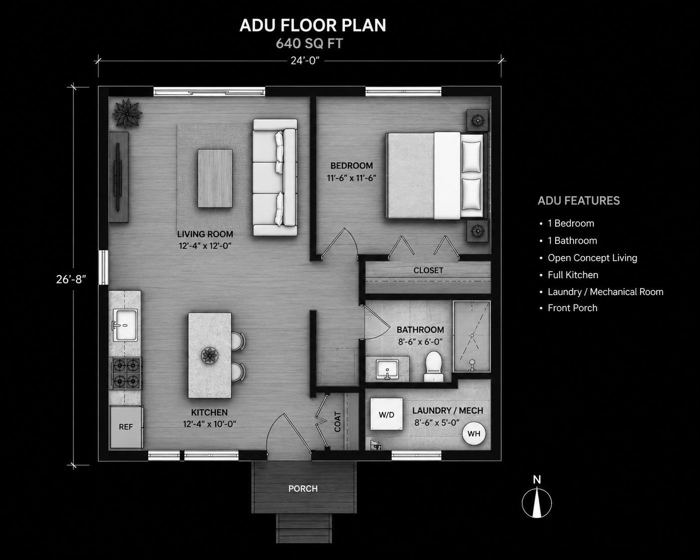 Black-and-white ADU floor plan with living area, kitchen, bathroom, bedroom, and entry porch.