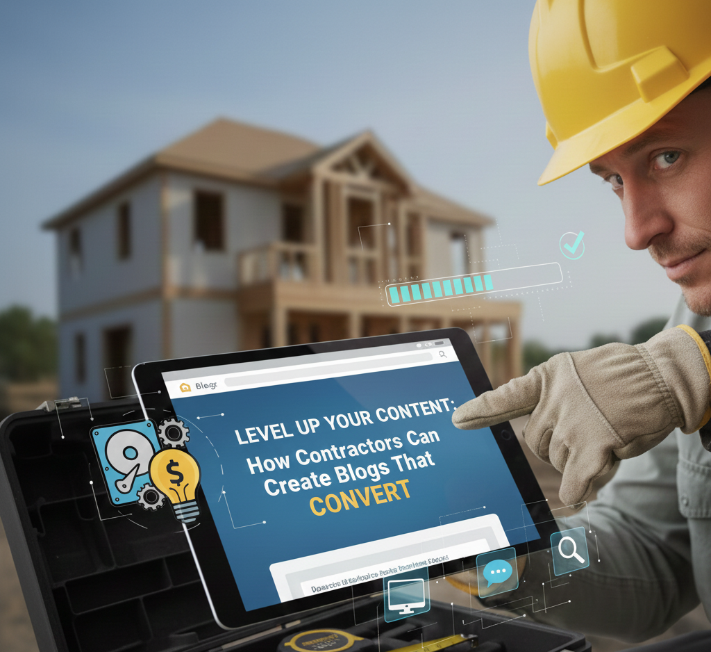 Contractor pointing at tablet with blog content, construction site in the background.
