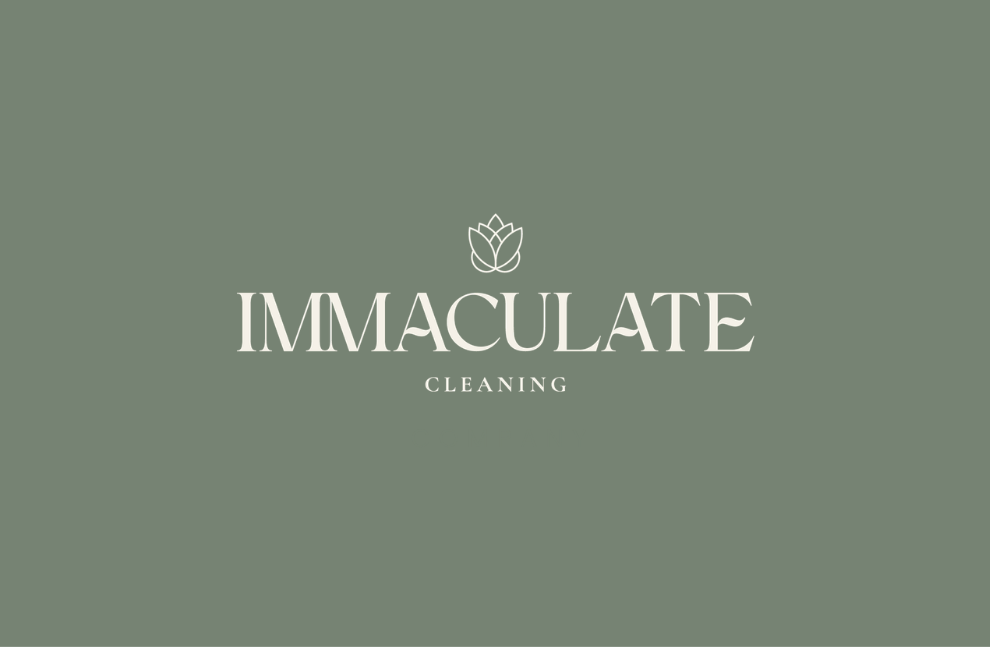 Immaculate Cleaning logo on muted green background with a small floral icon above the text