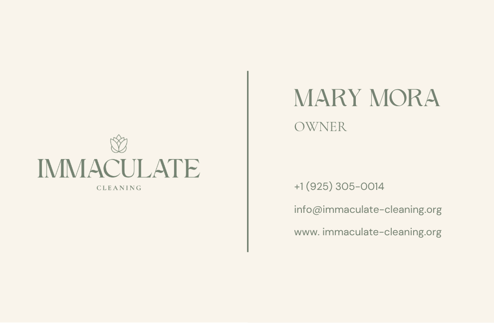 Immaculate and Mary Mora contact card on a beige background with elegant serif text.