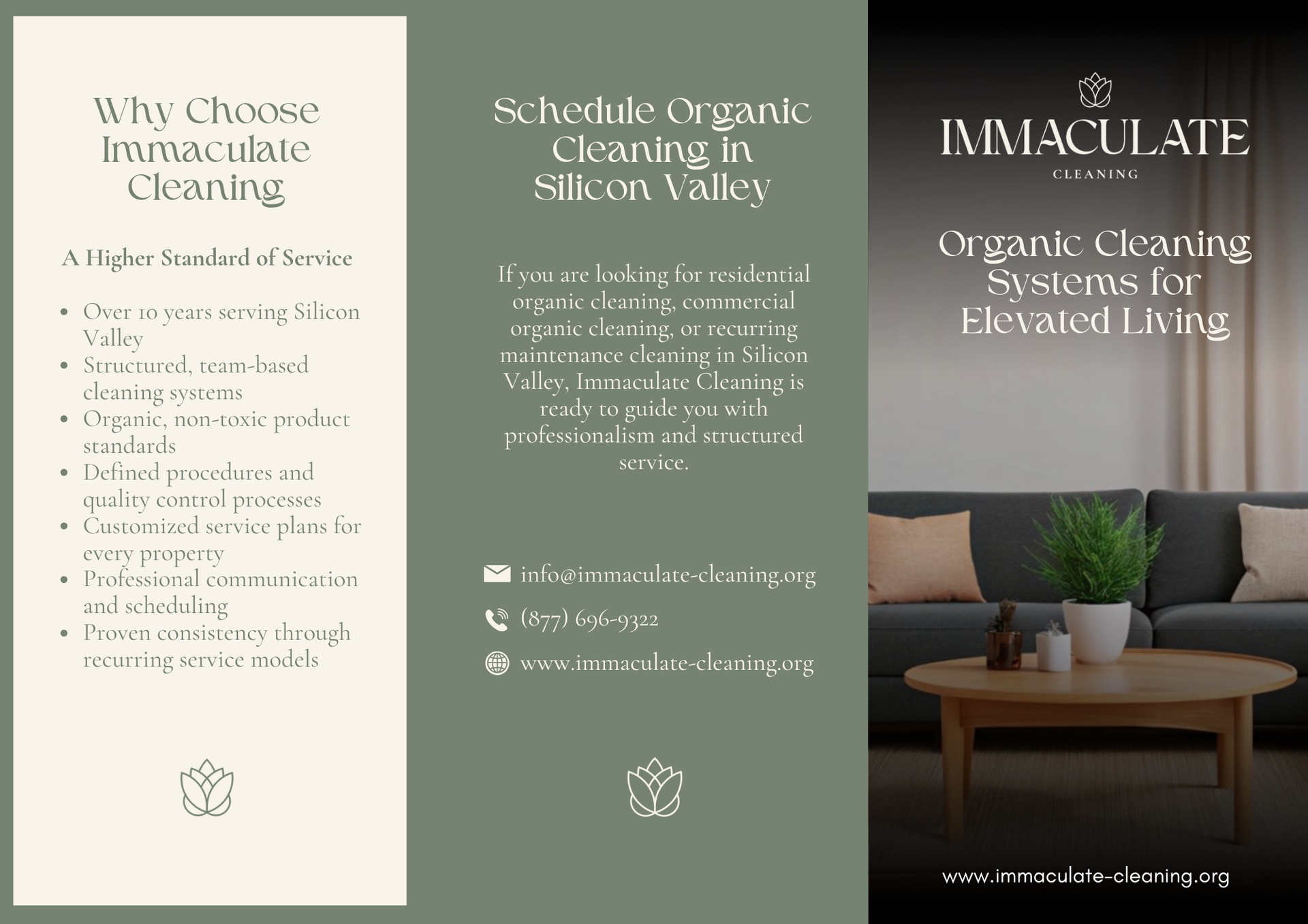 Three-panel ad: white and sage green text panels beside a dining table with plant, promoting organic cleaning services